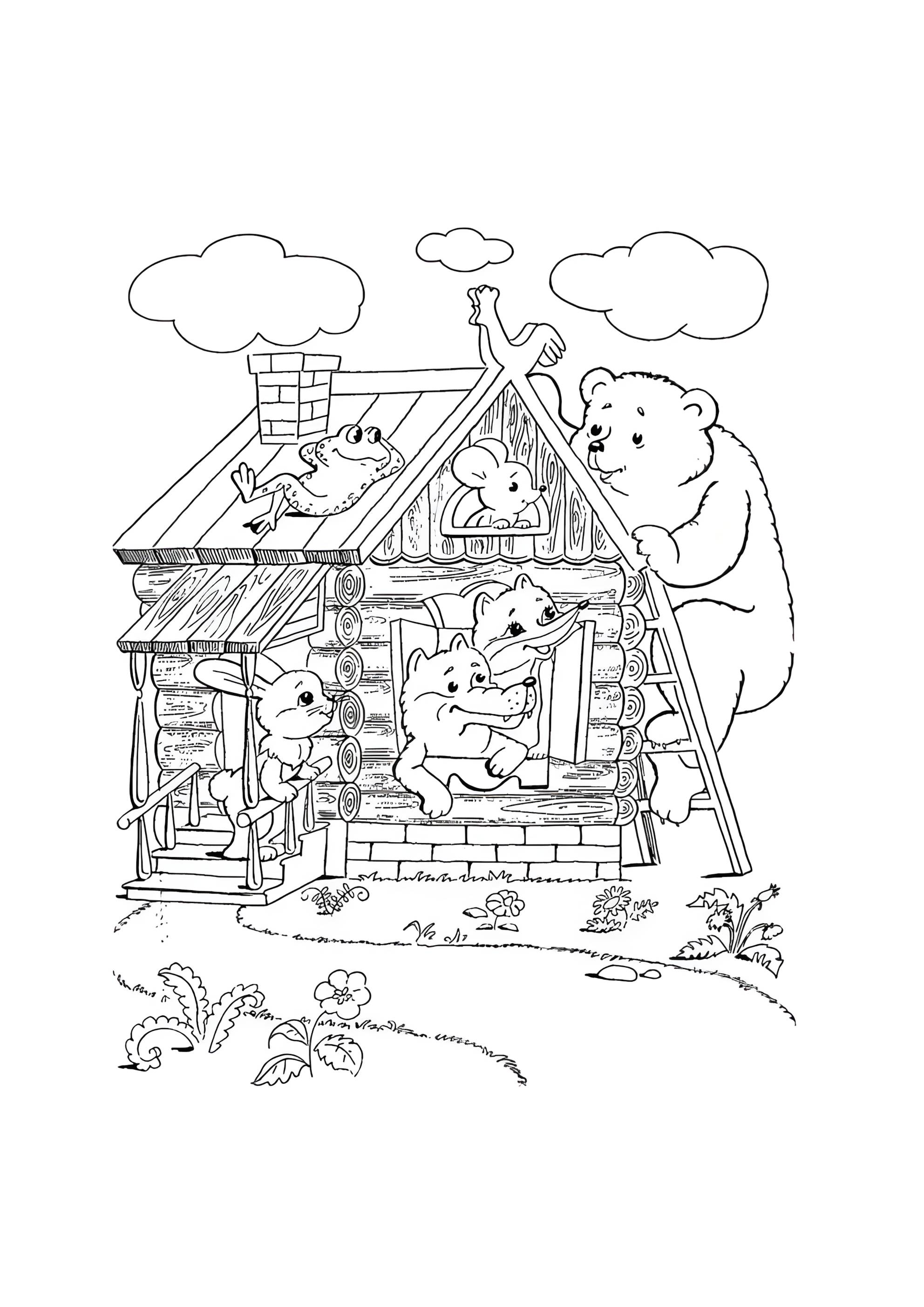 Раскраска Медведь полез на Теремок