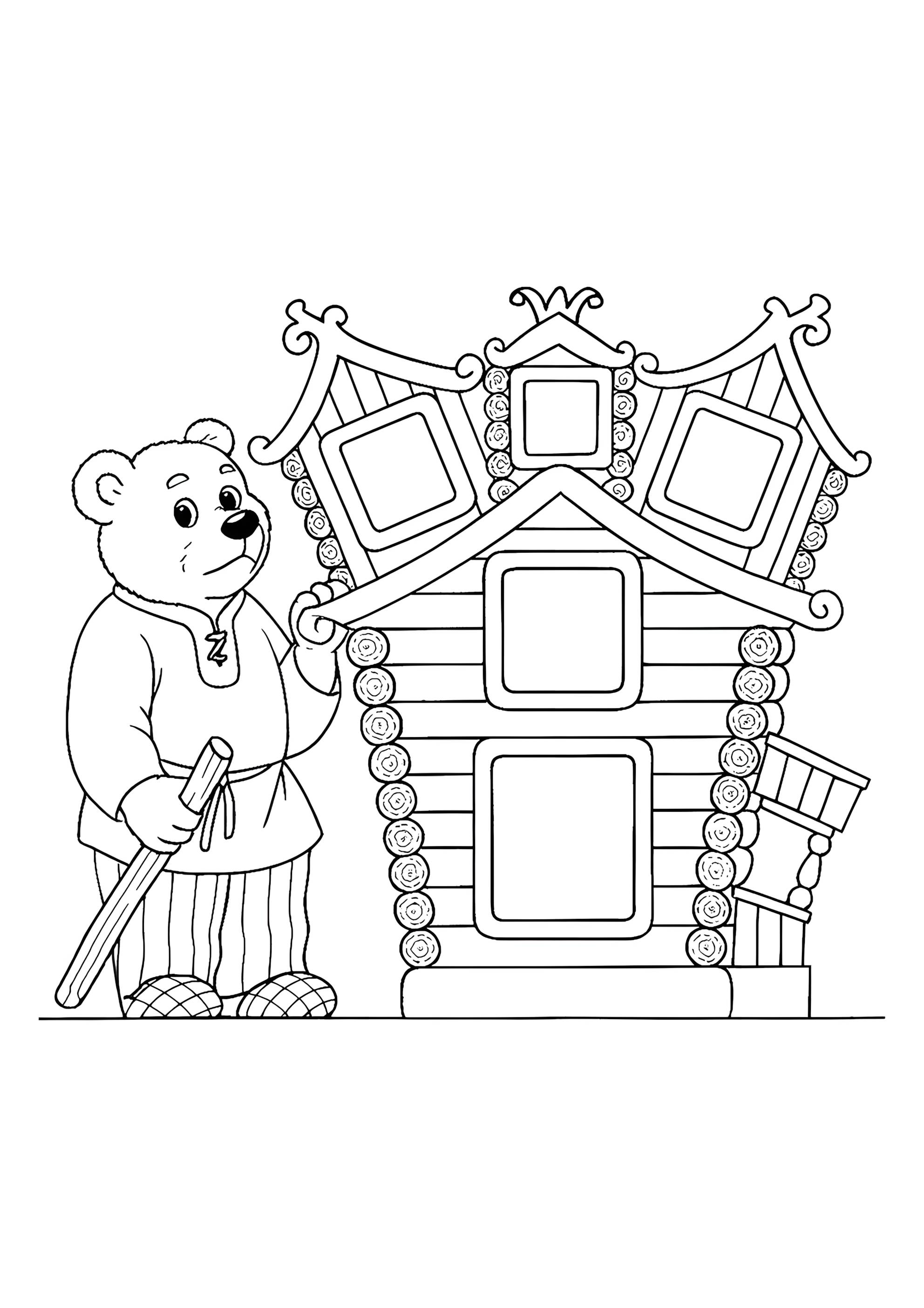 Раскраска Мишка возле теремка