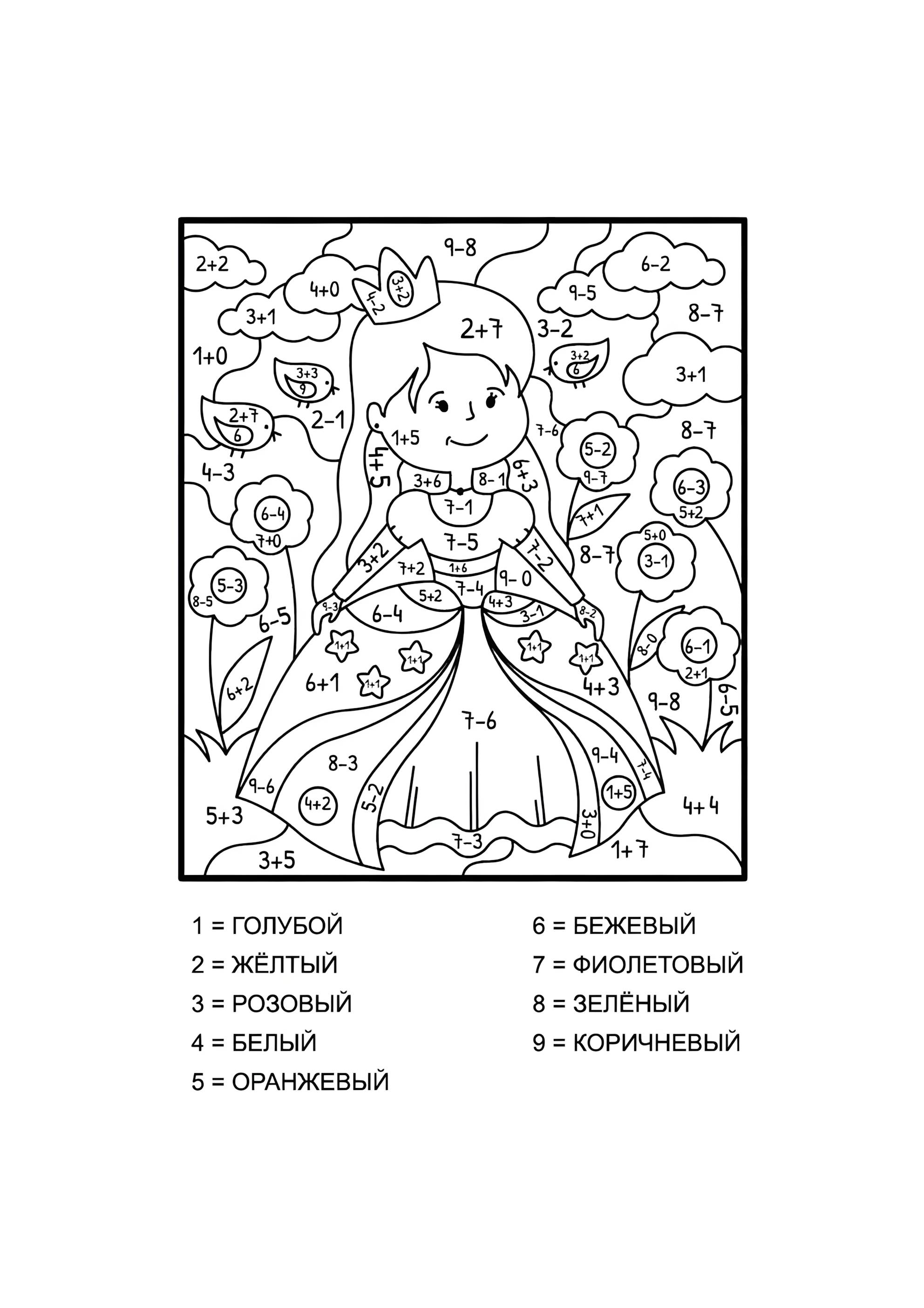 Раскраска Принцесса (сложение и вычитание до 10)