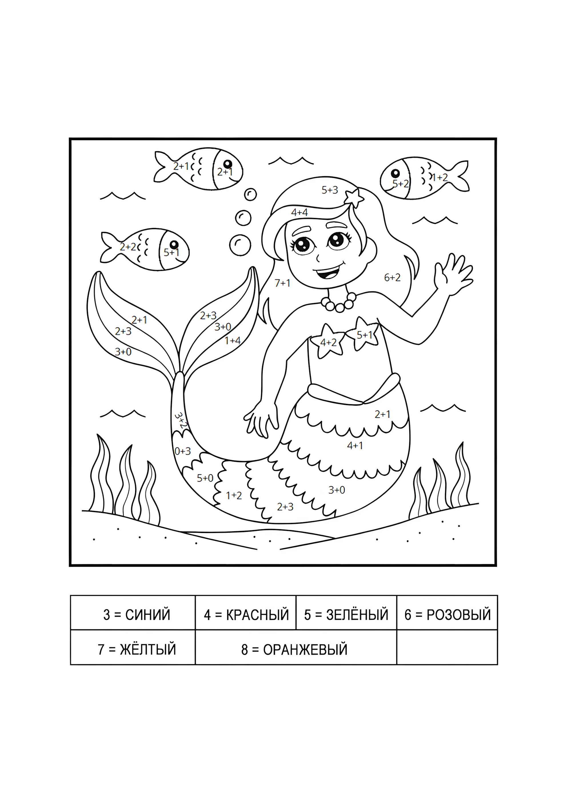 Раскраска Русалка и рыбки (сложение до 10)
