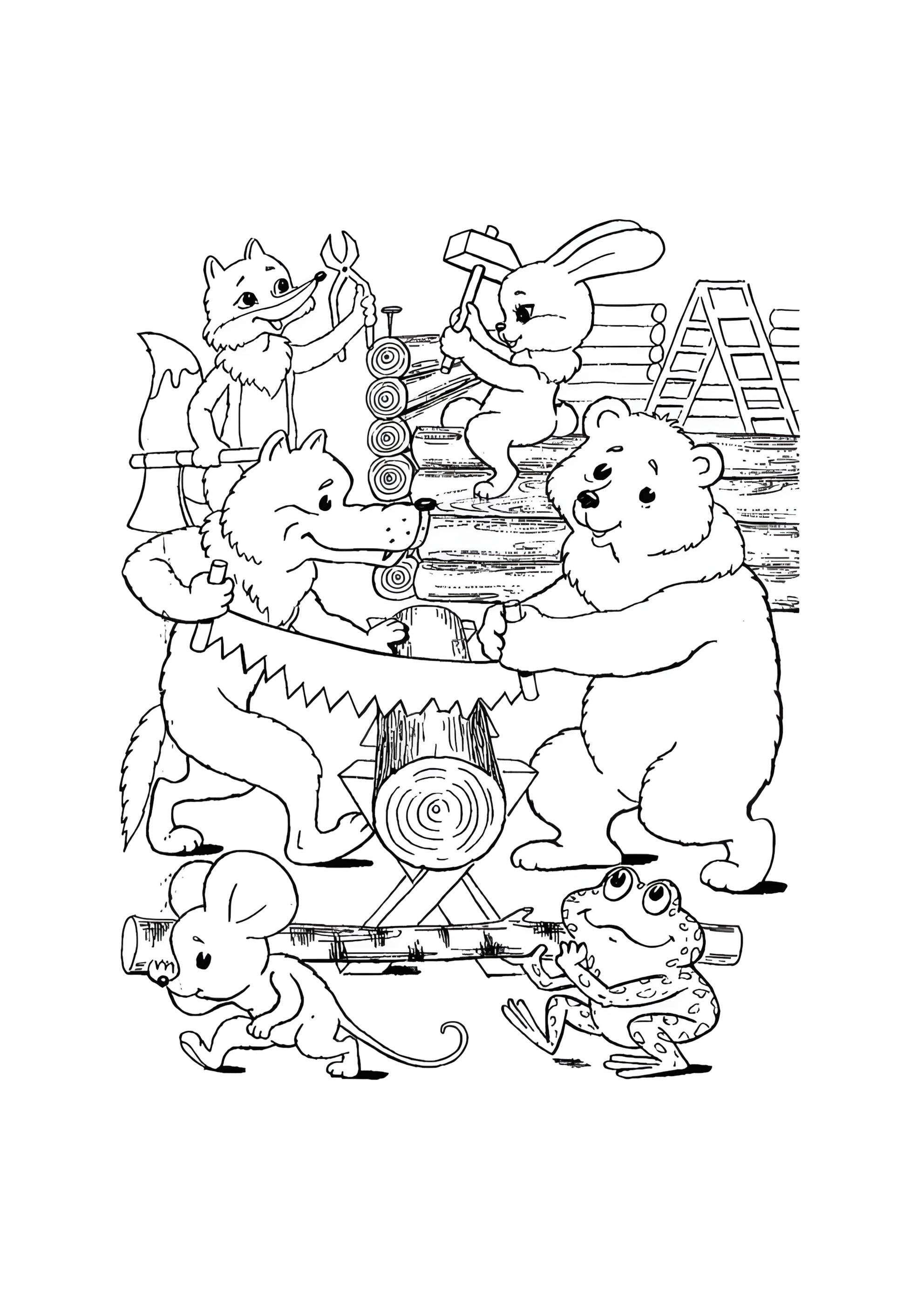 Раскраска Строят Теремок