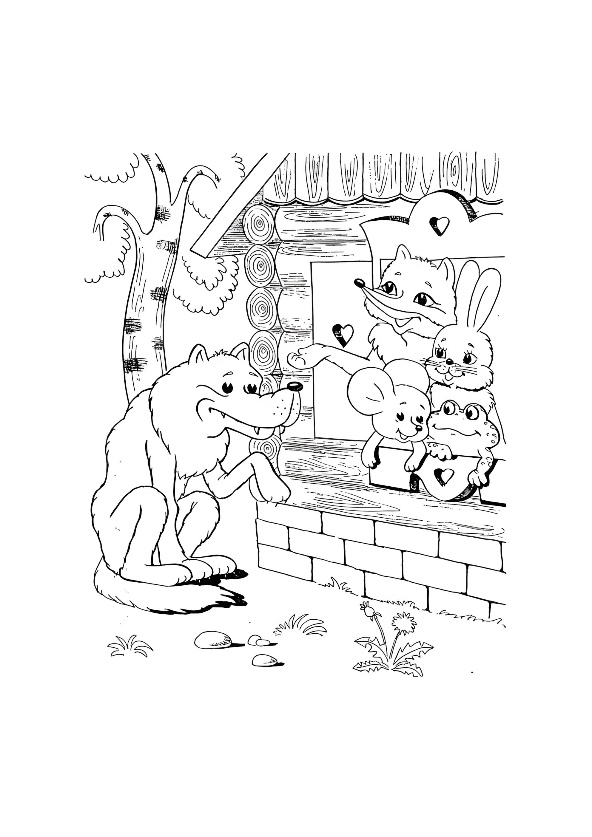 Раскраска Волк просится в Теремок