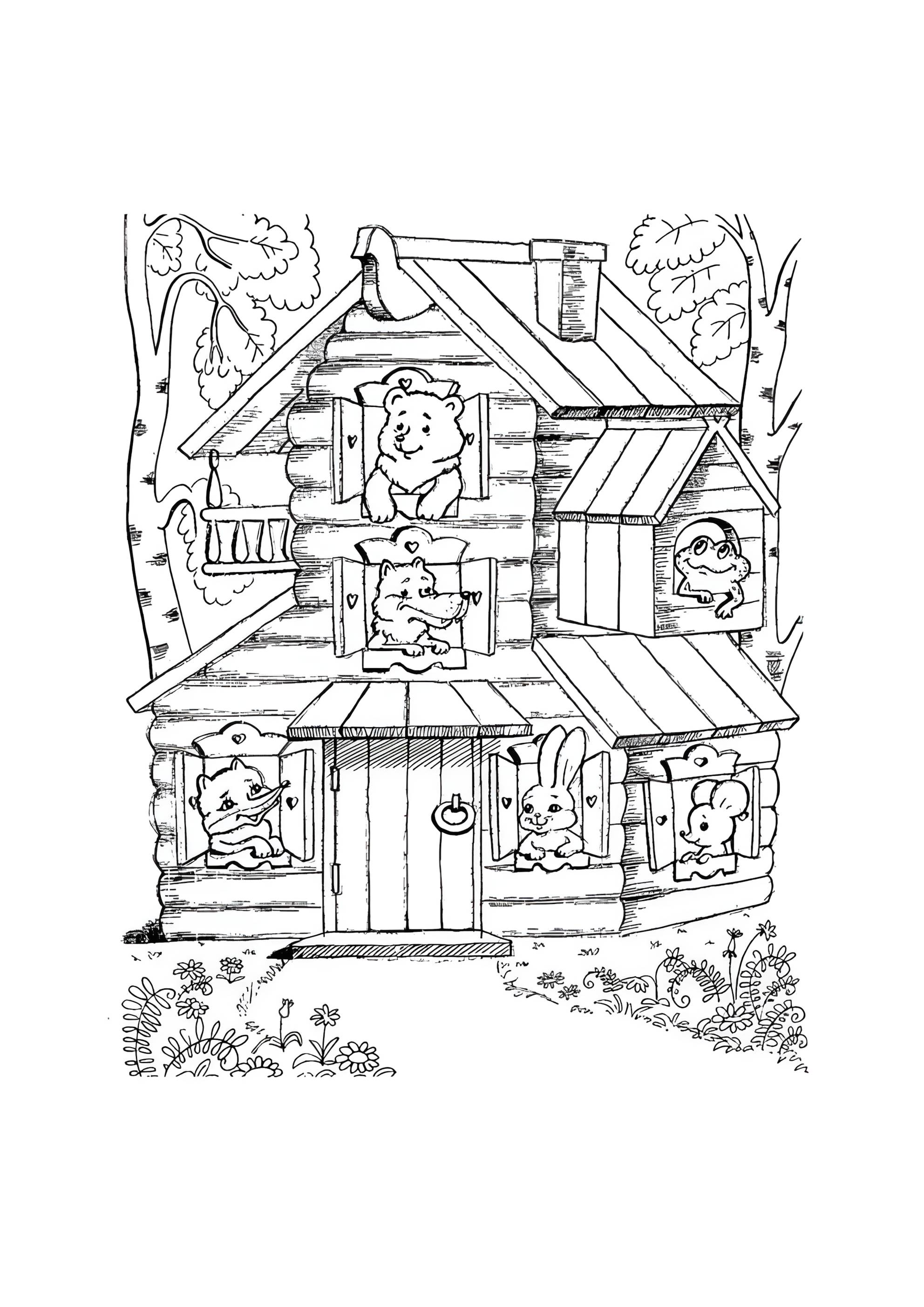 Раскраска Все животные в Теремке