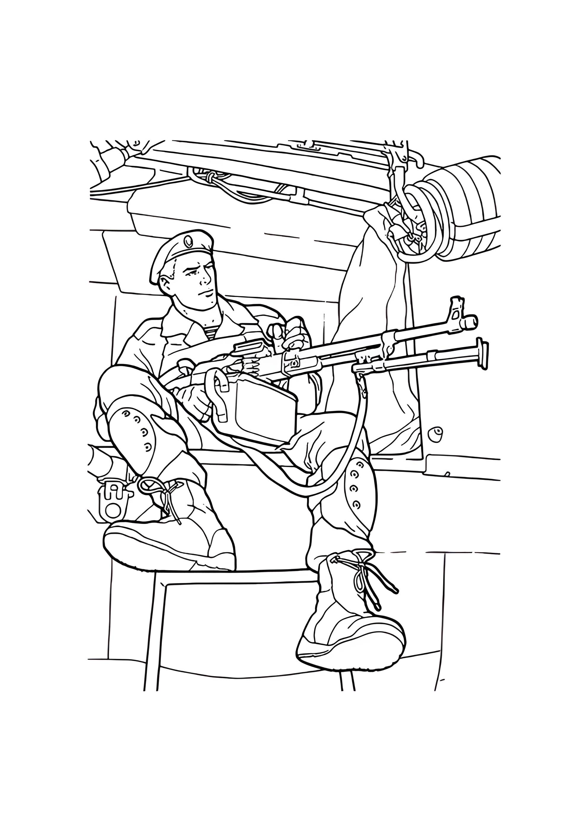 Раскраска Десантник с пулемётом
