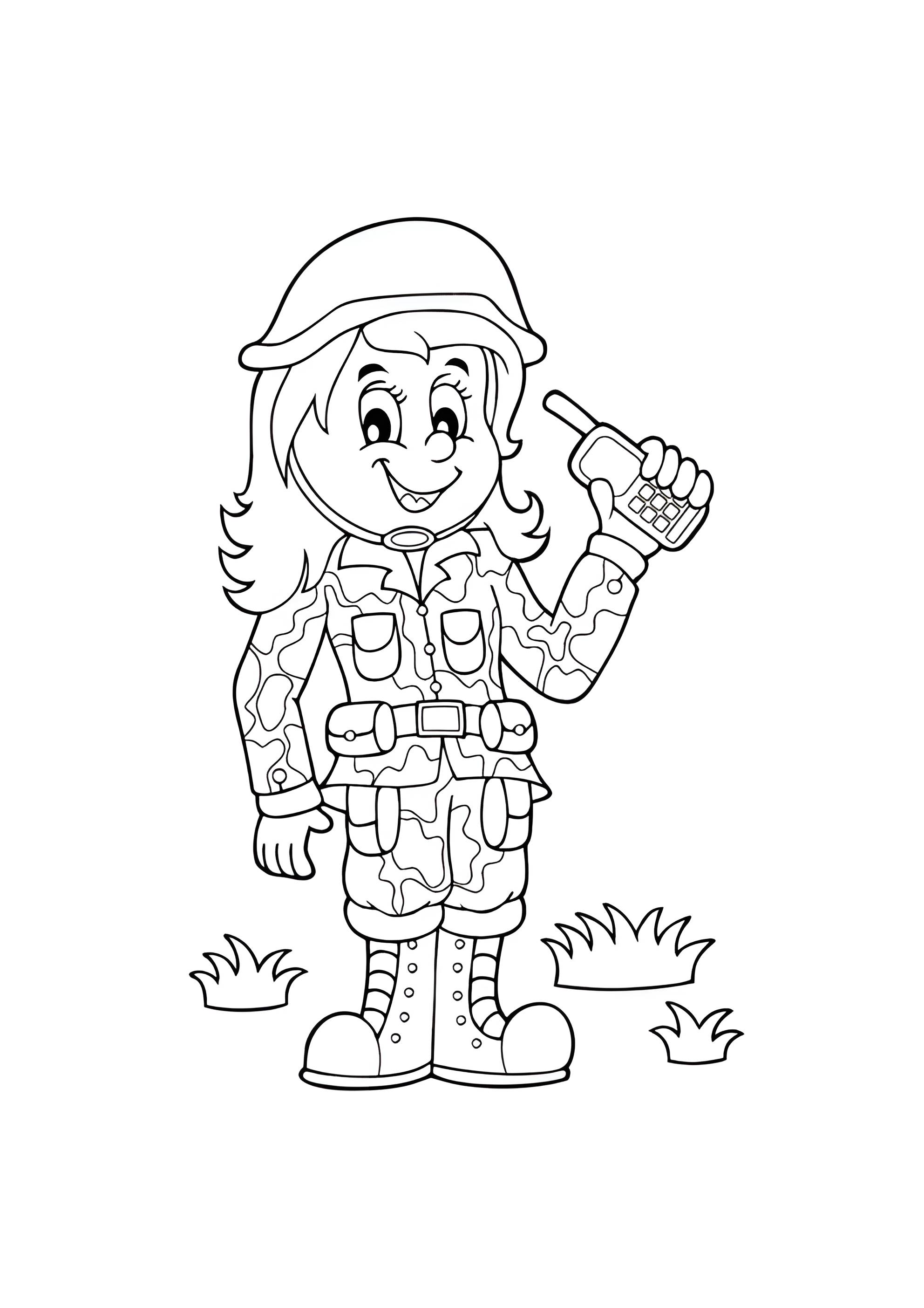 Раскраска Девушка солдат с рацией