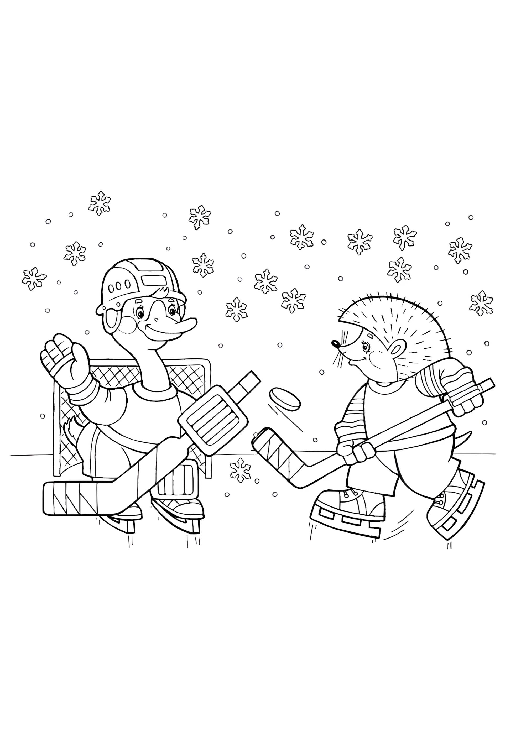Раскраска Игра животных в хоккей
