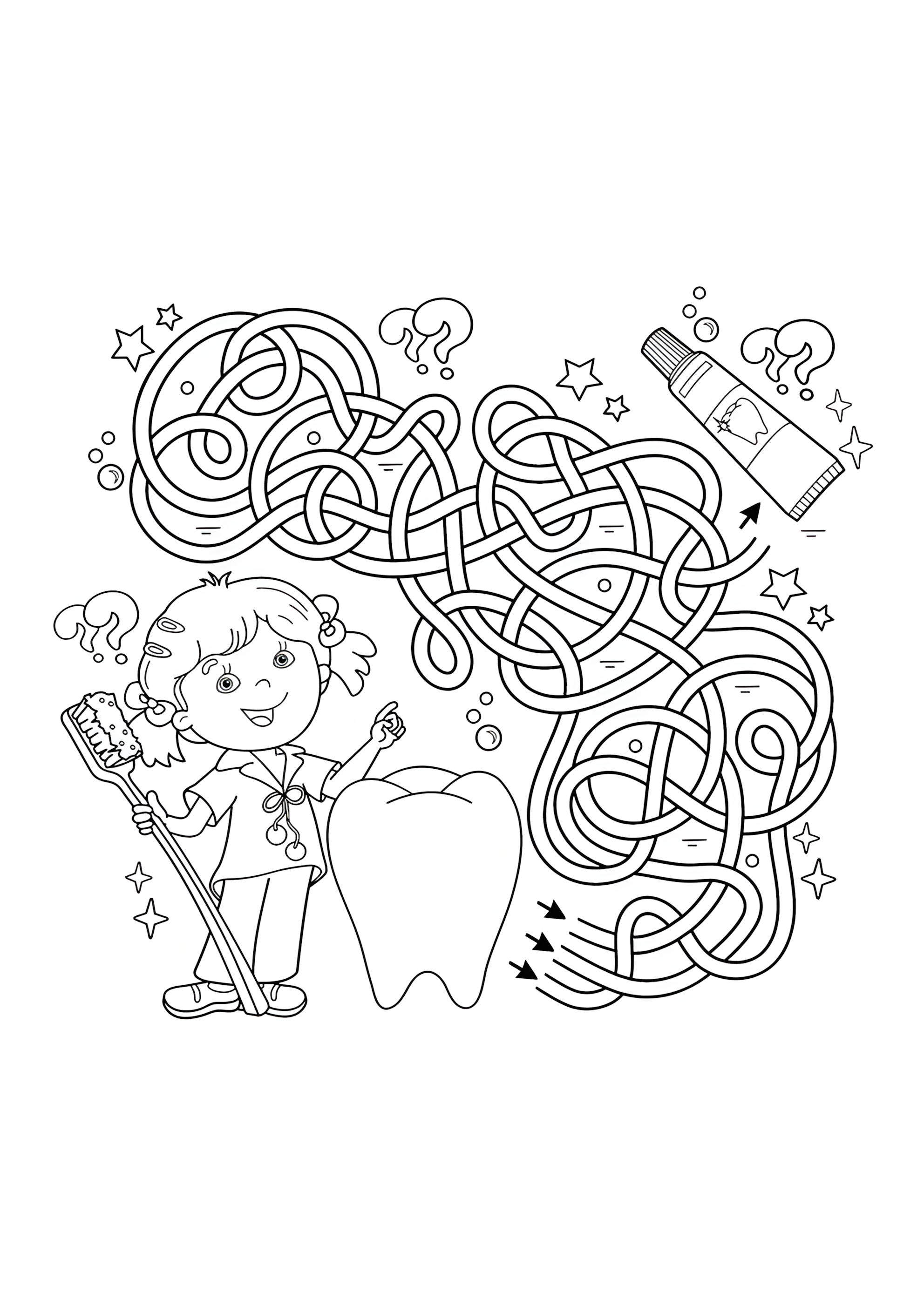 Раскраска Лабиринт мальчик и зуб