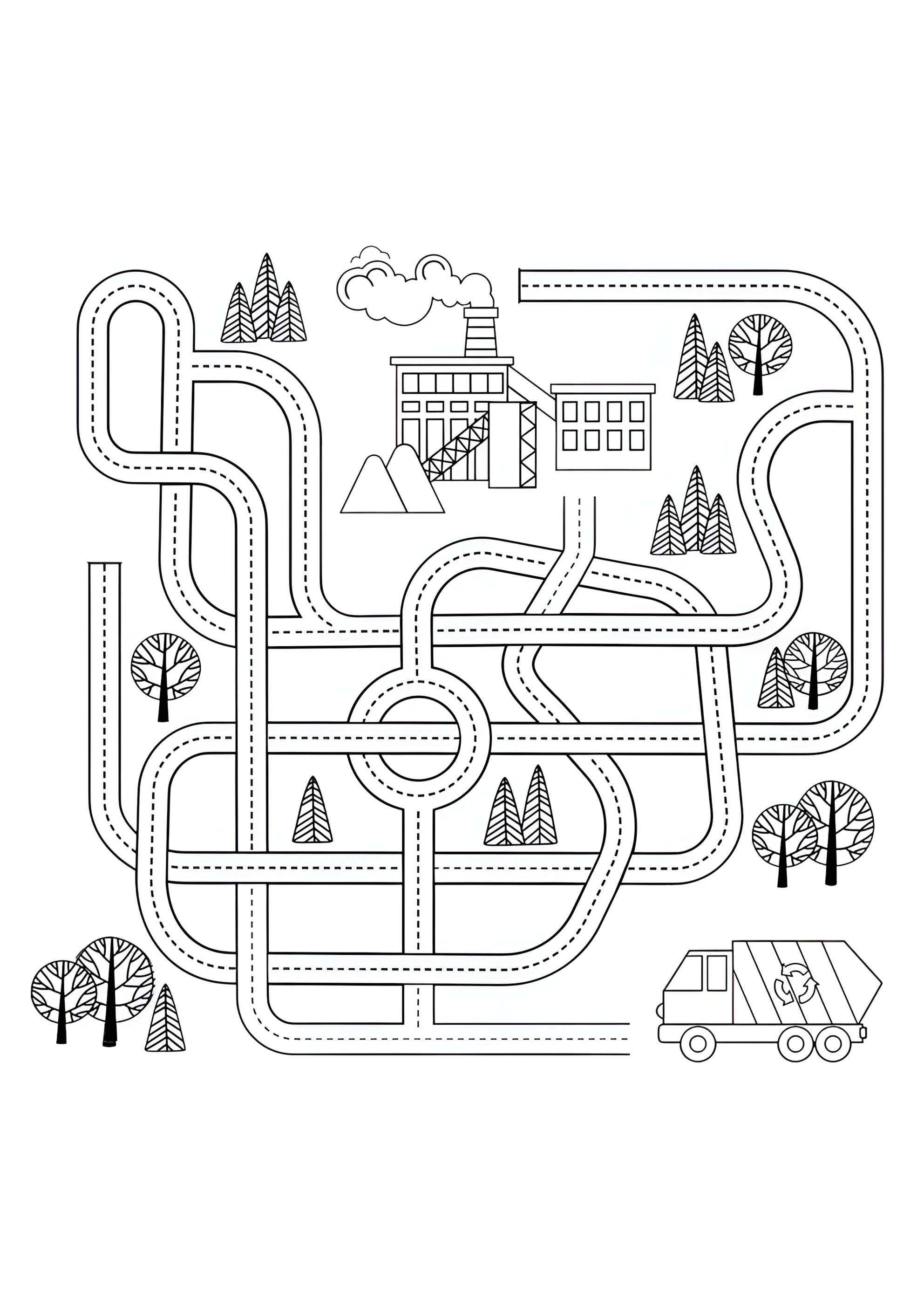 Раскраска Лабиринт мусоровоз и завод