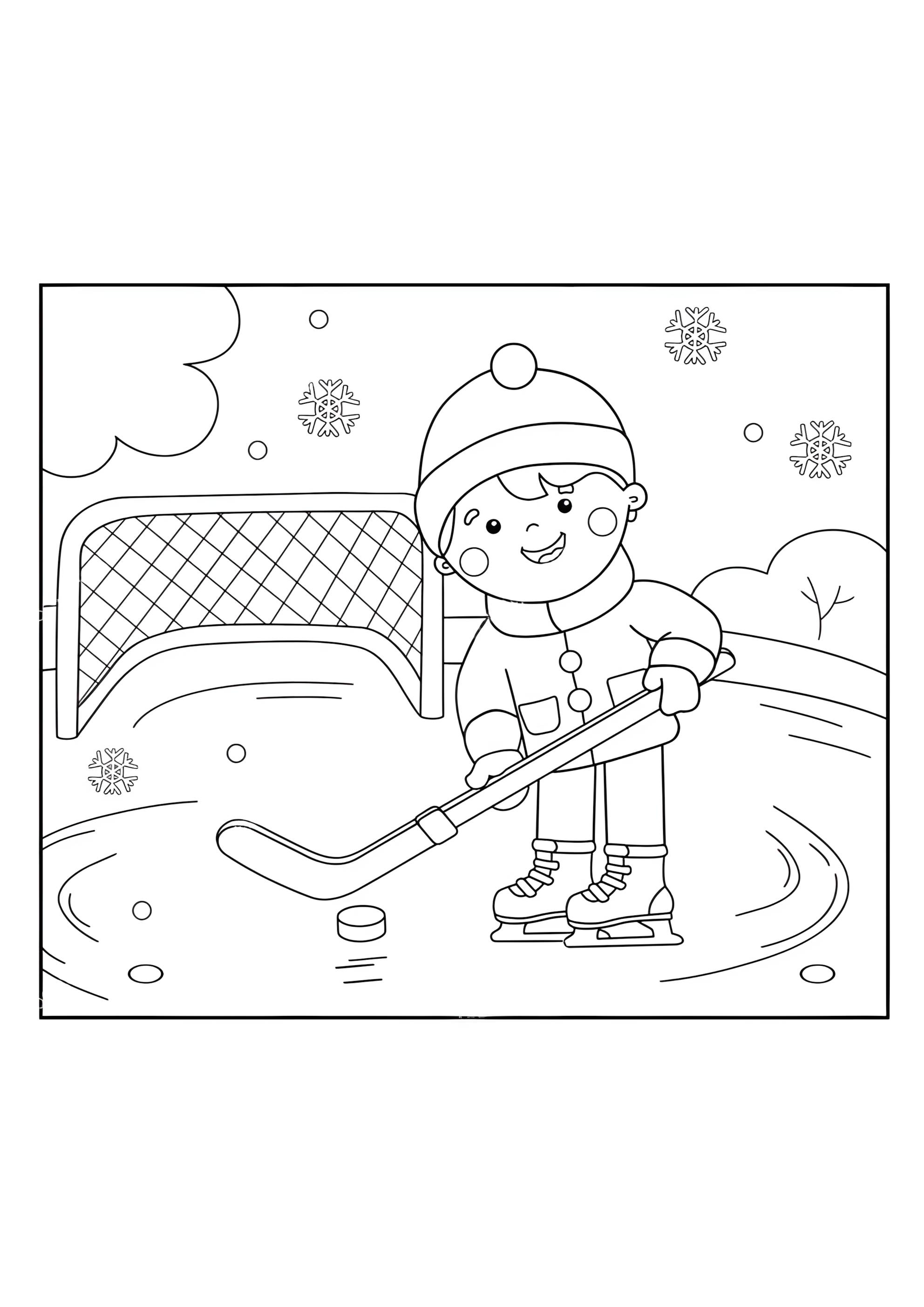 Раскраска Мальчик играет в хоккей во дворе
