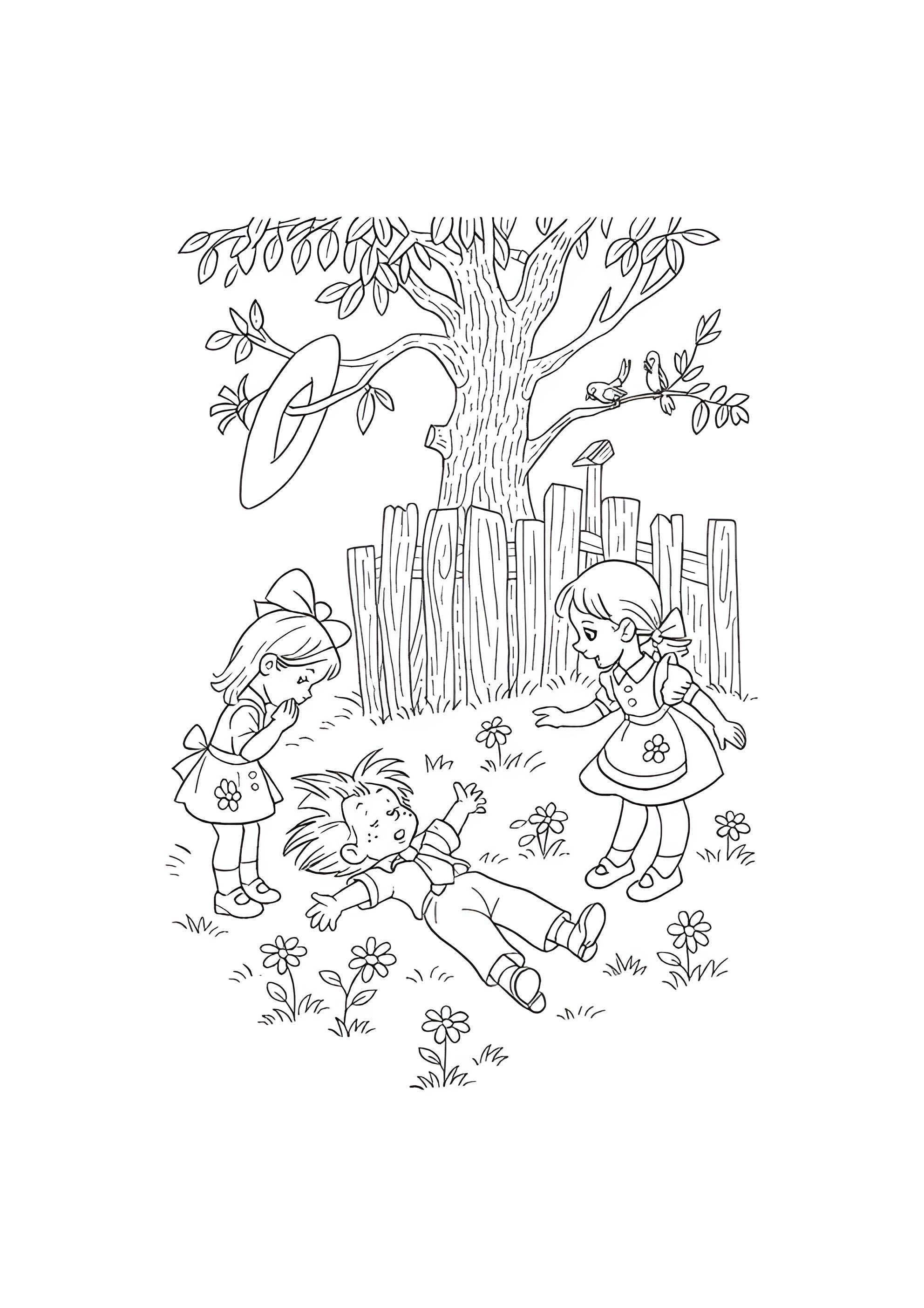 Раскраска Малышки нашли Незнайку