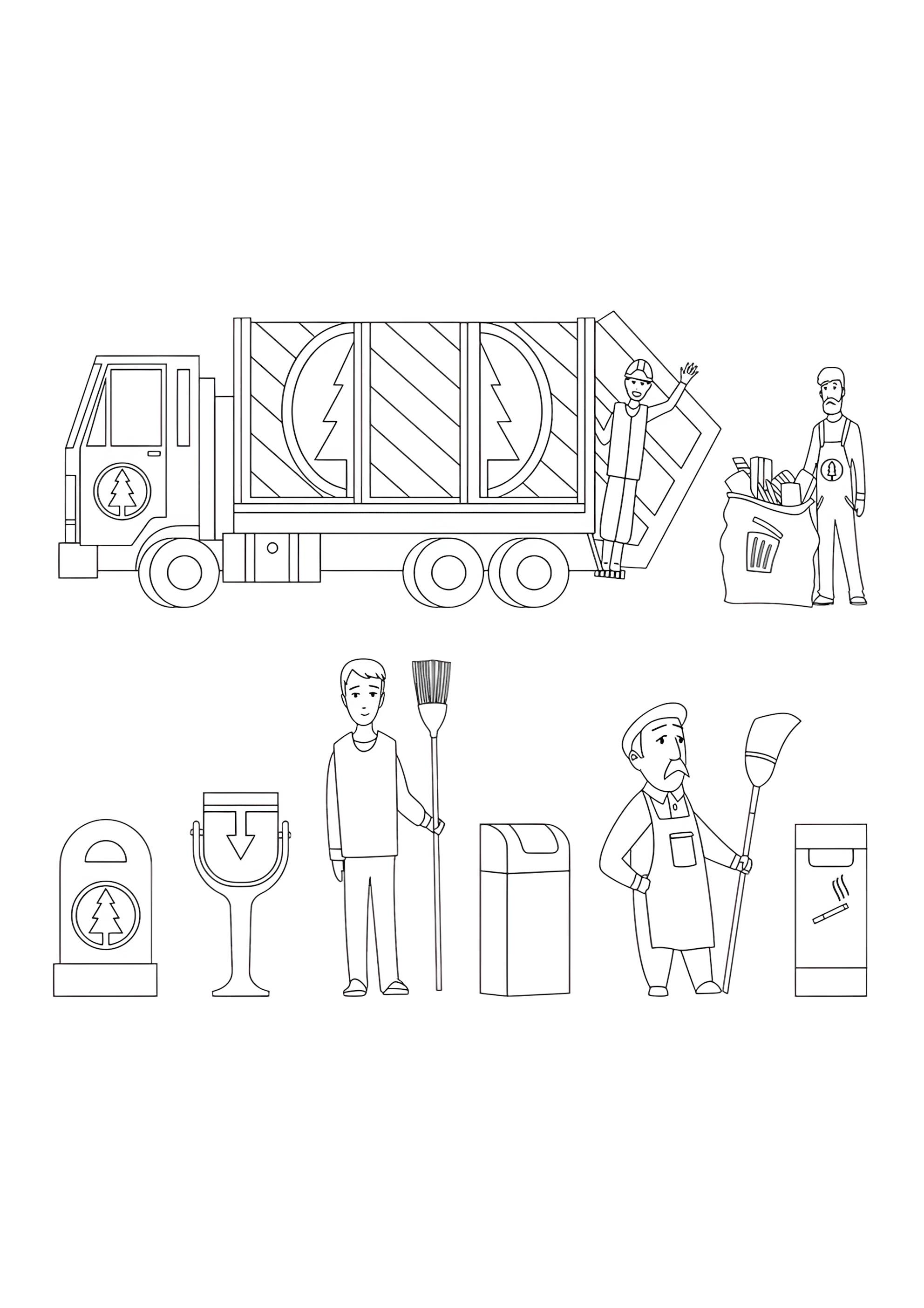 Раскраска Мусоровоз и дворники