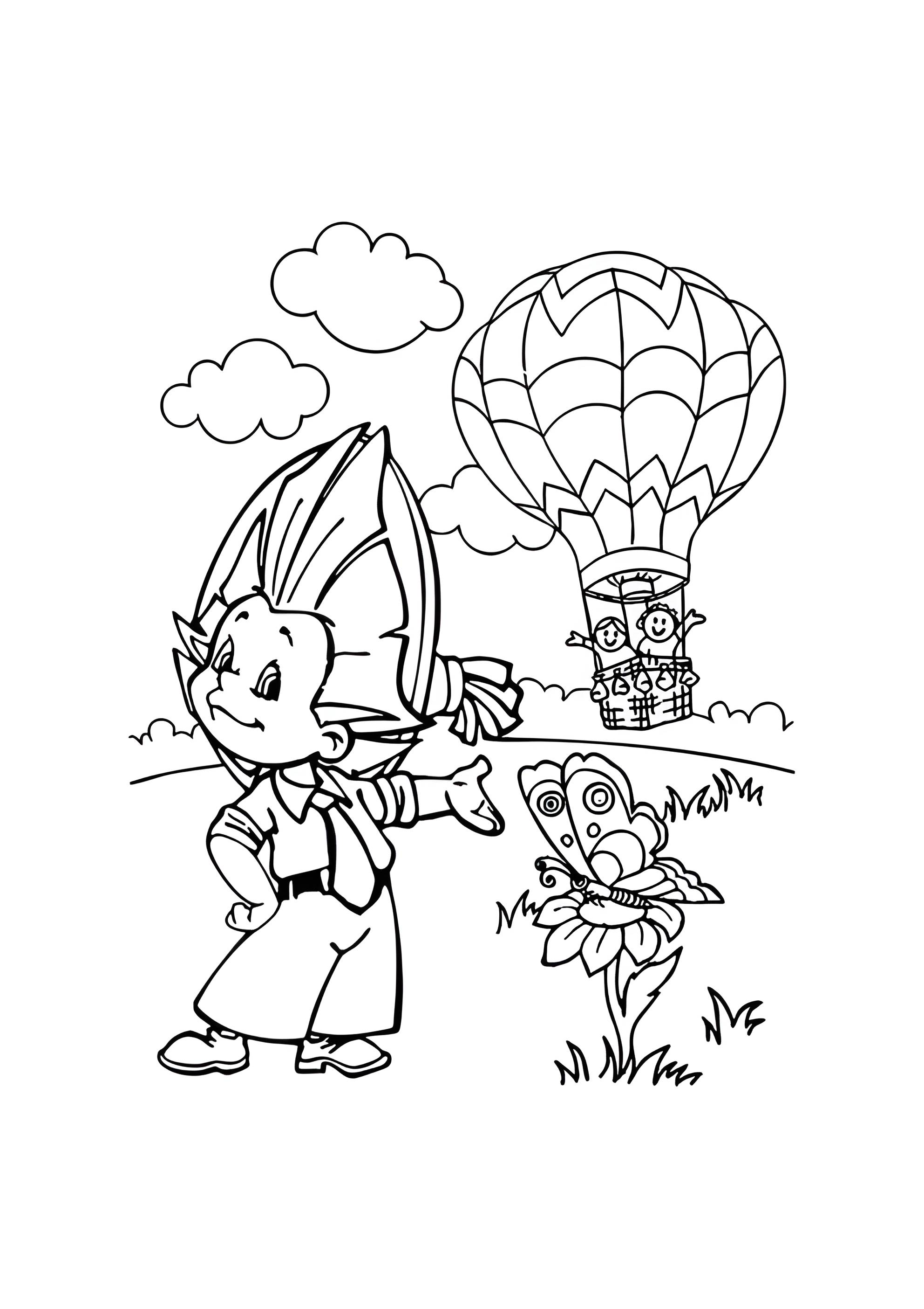 Раскраска Незнайка и воздушный шар
