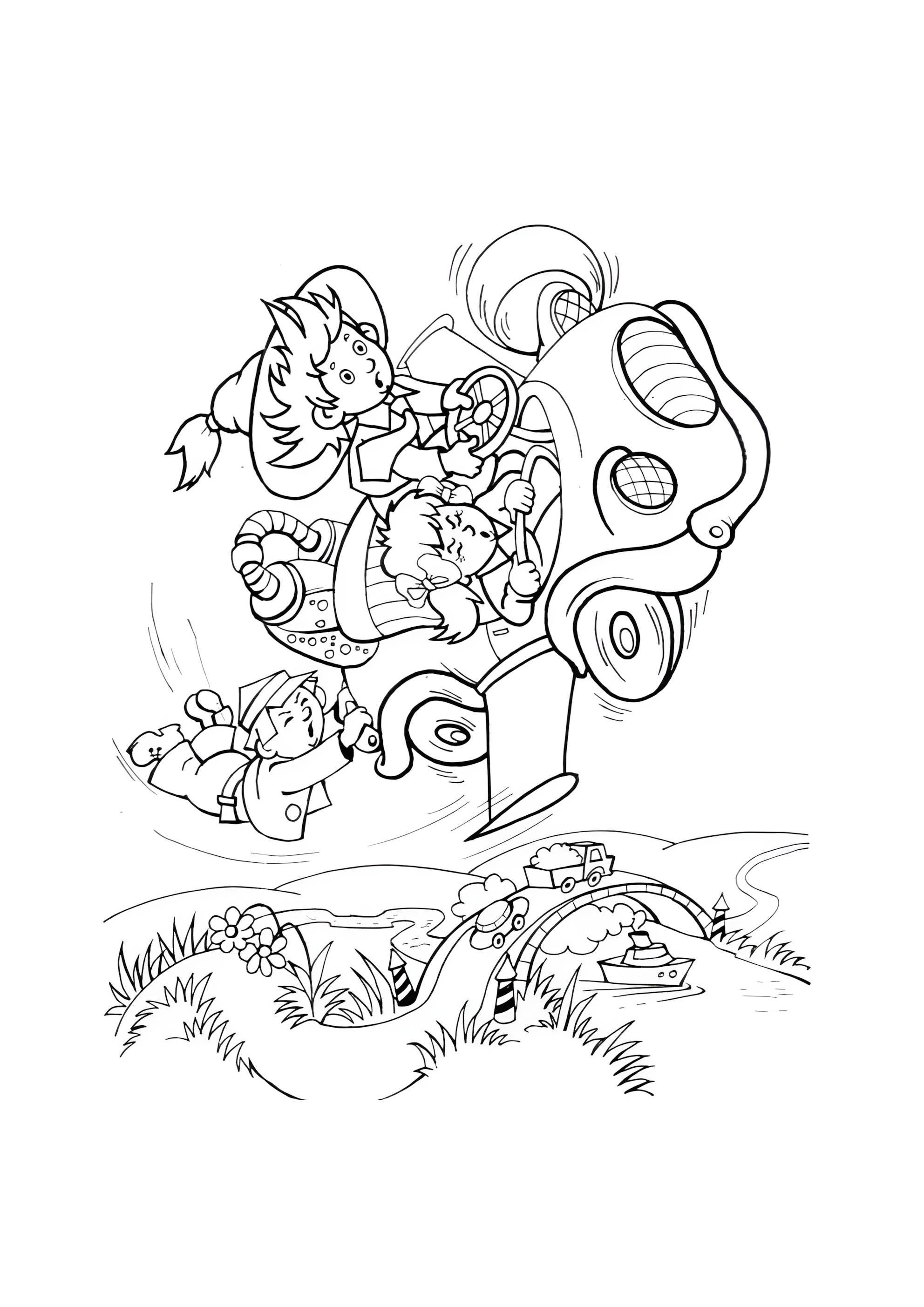 Раскраска Незнайка летит на машине