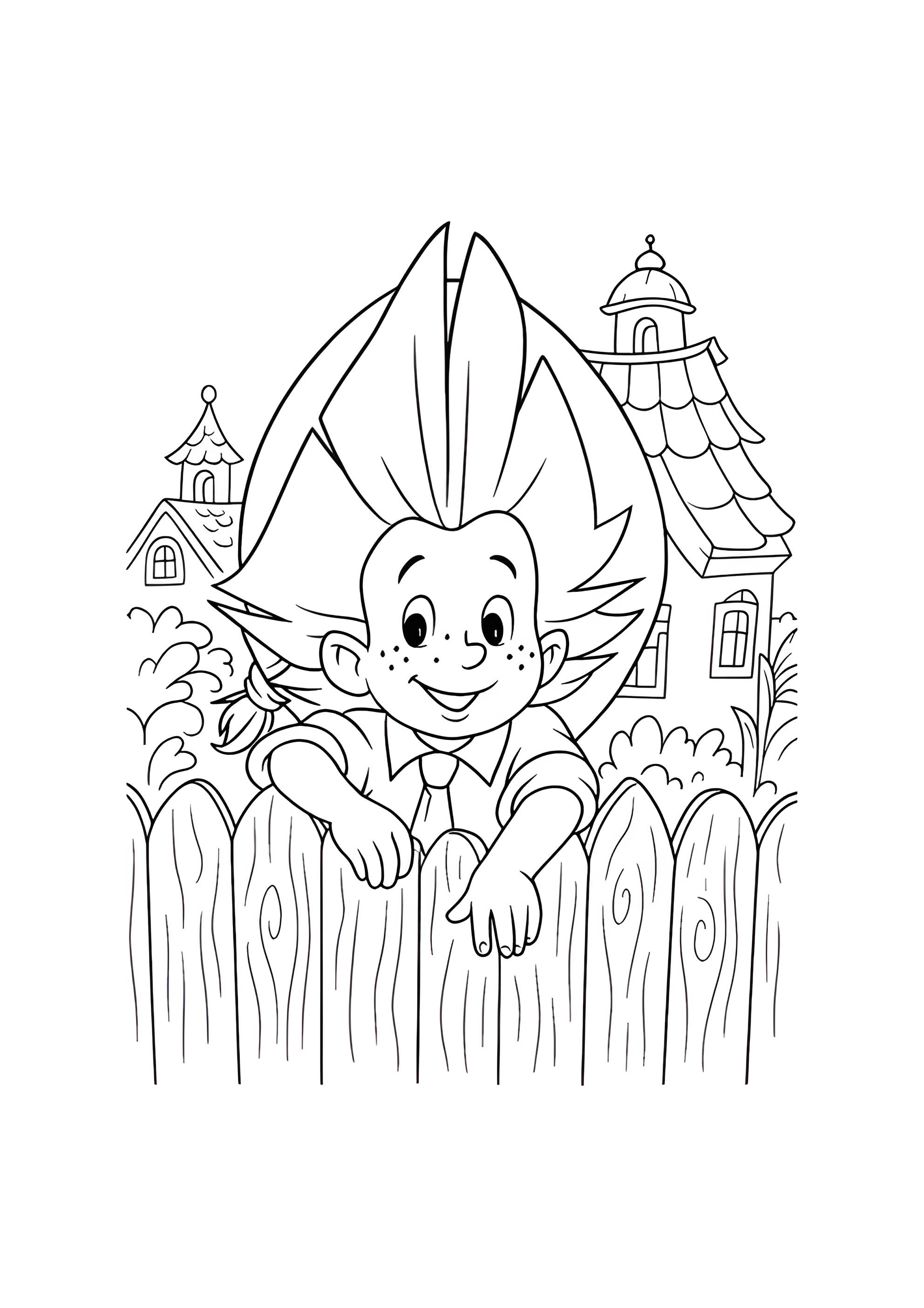 Раскраска Незнайка на заборе