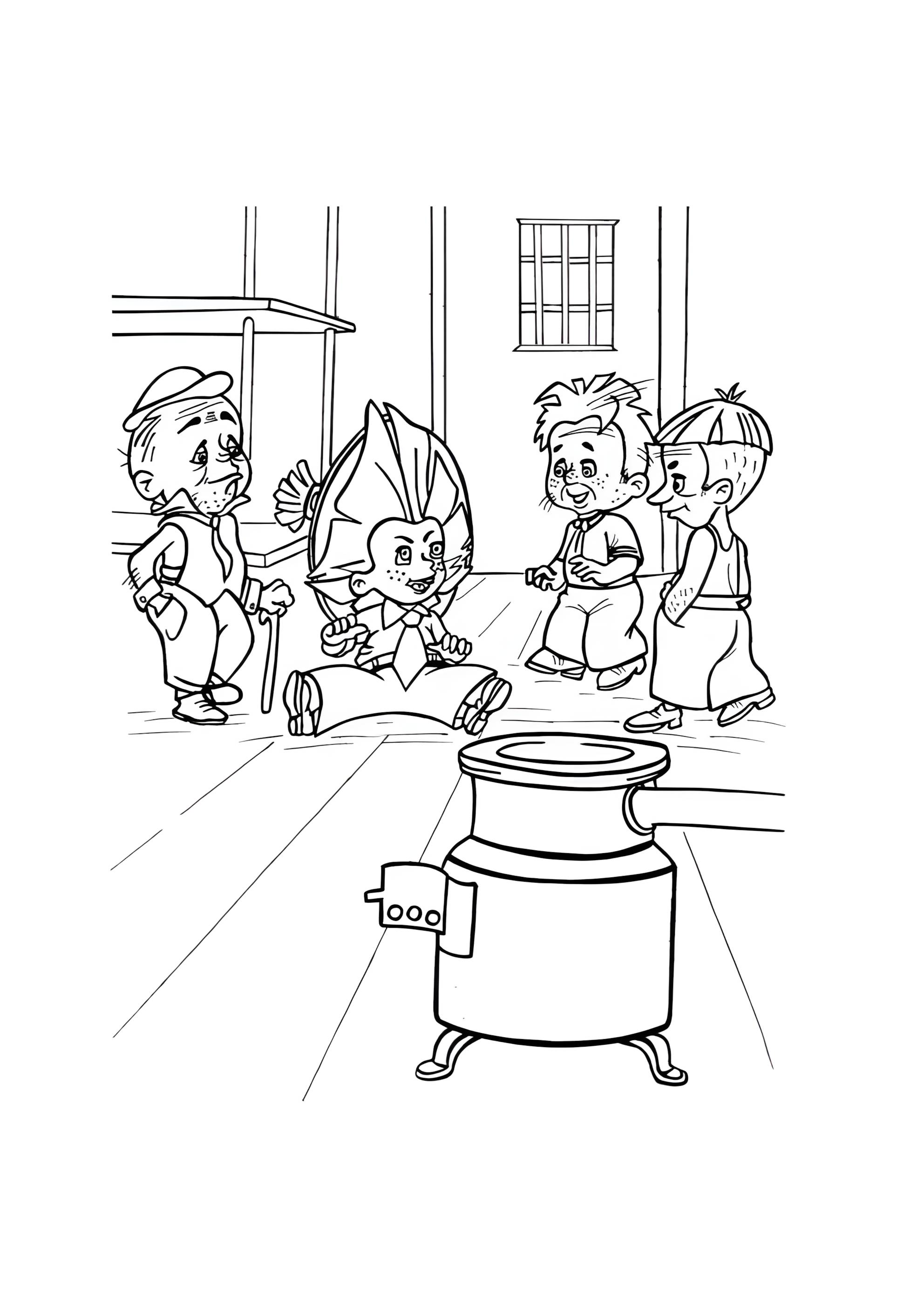 Раскраска Незнайка в окружении друзей