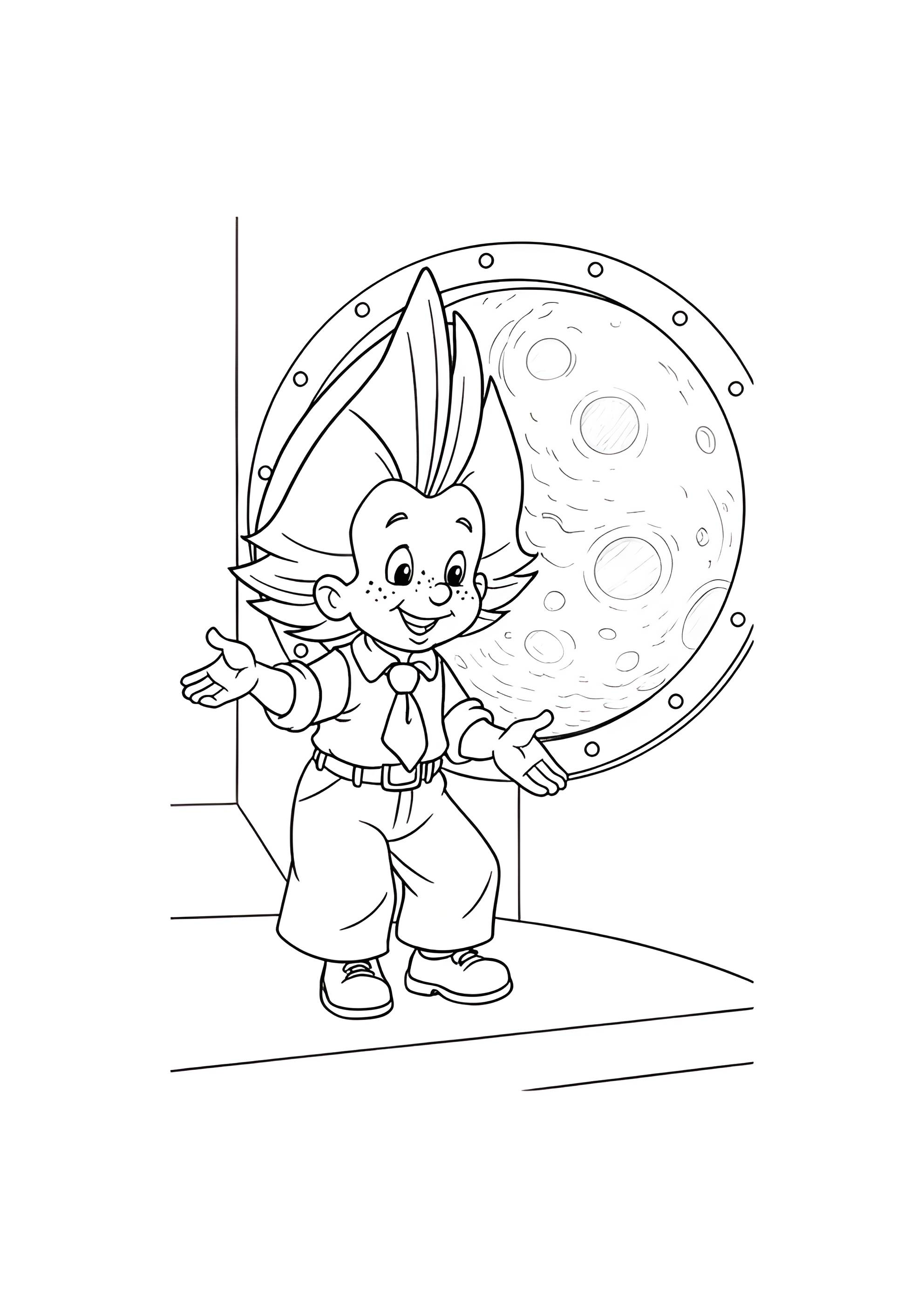 Раскраска Незнайка возле иллюминатора