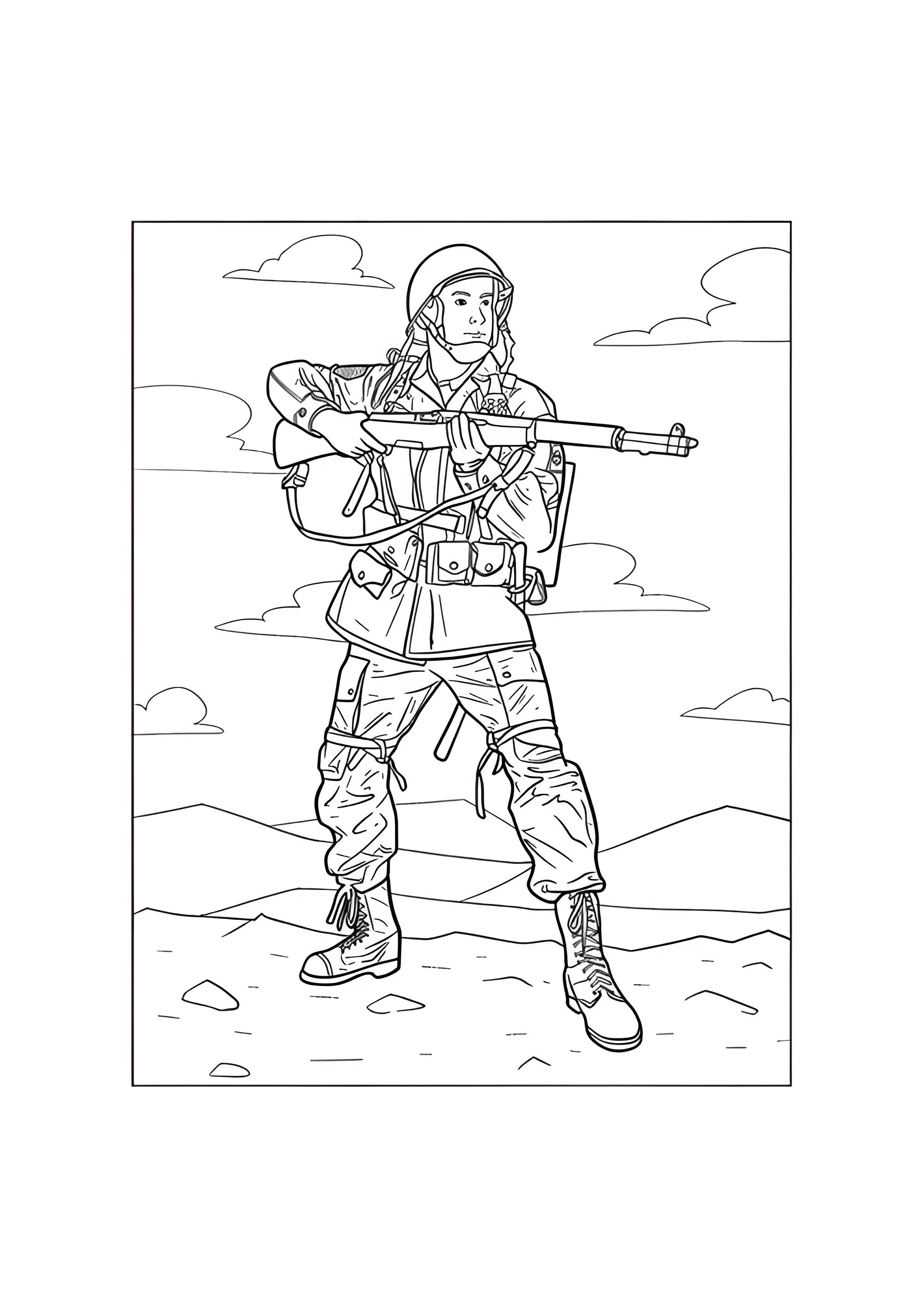 Раскраска Солдат готовится стрелять из винтовки