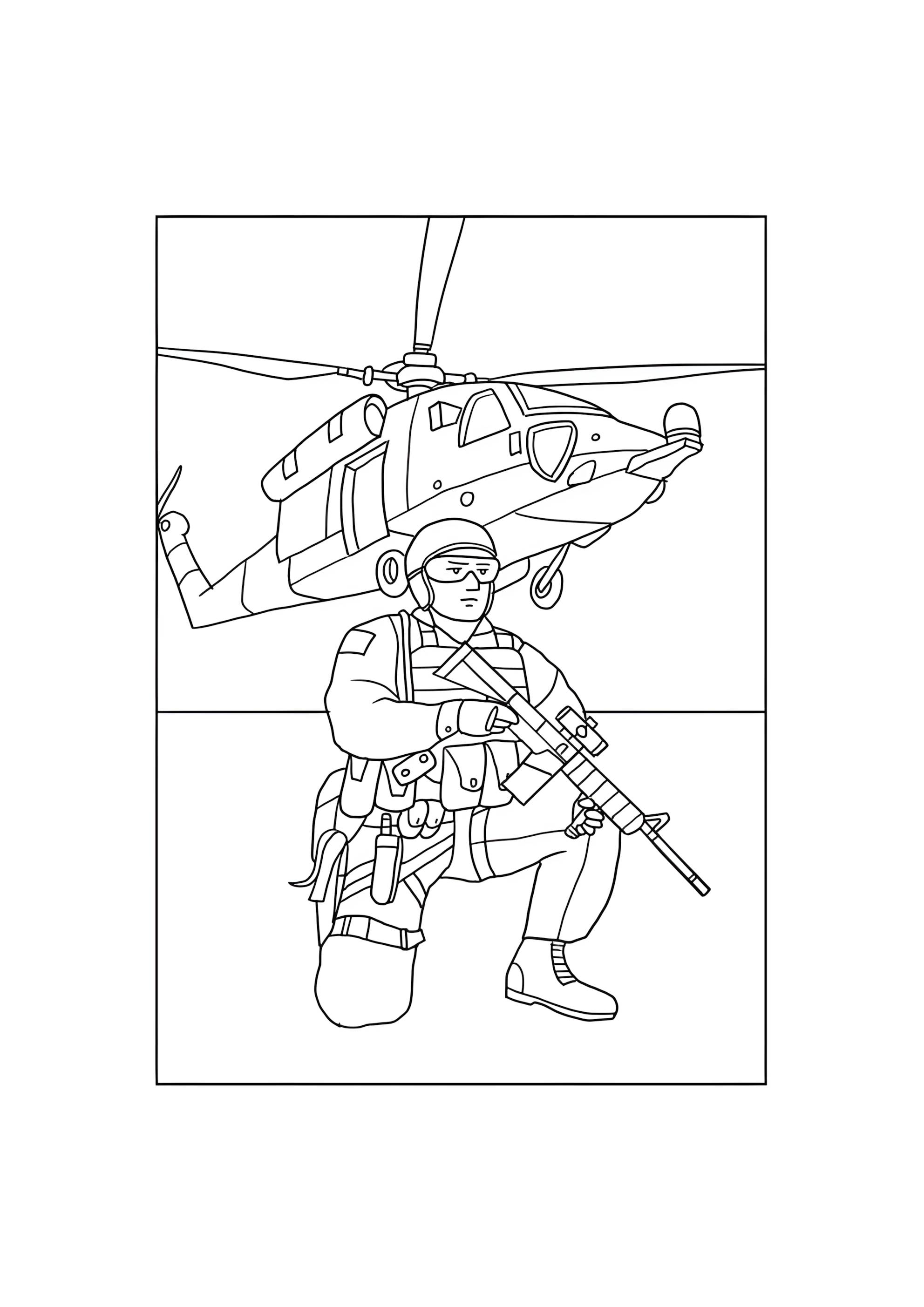 Раскраска Солдат и вертолет