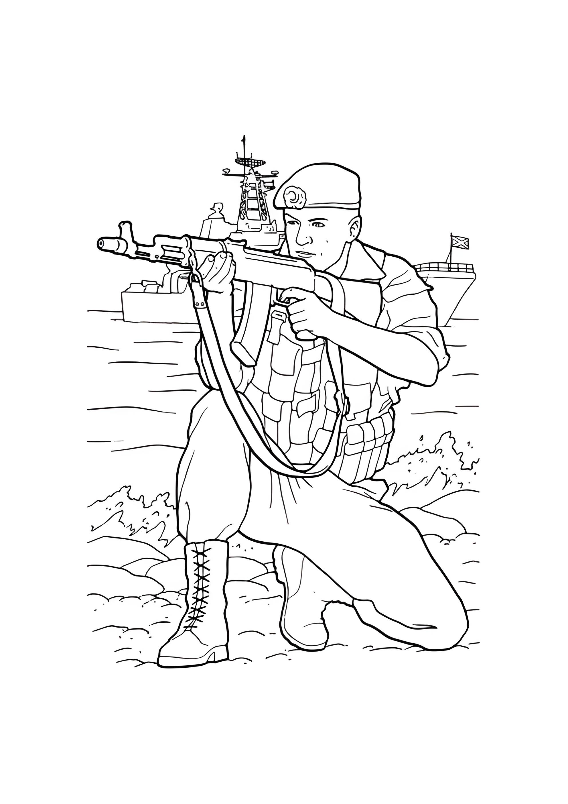 Раскраска Солдат с винтовкой целится
