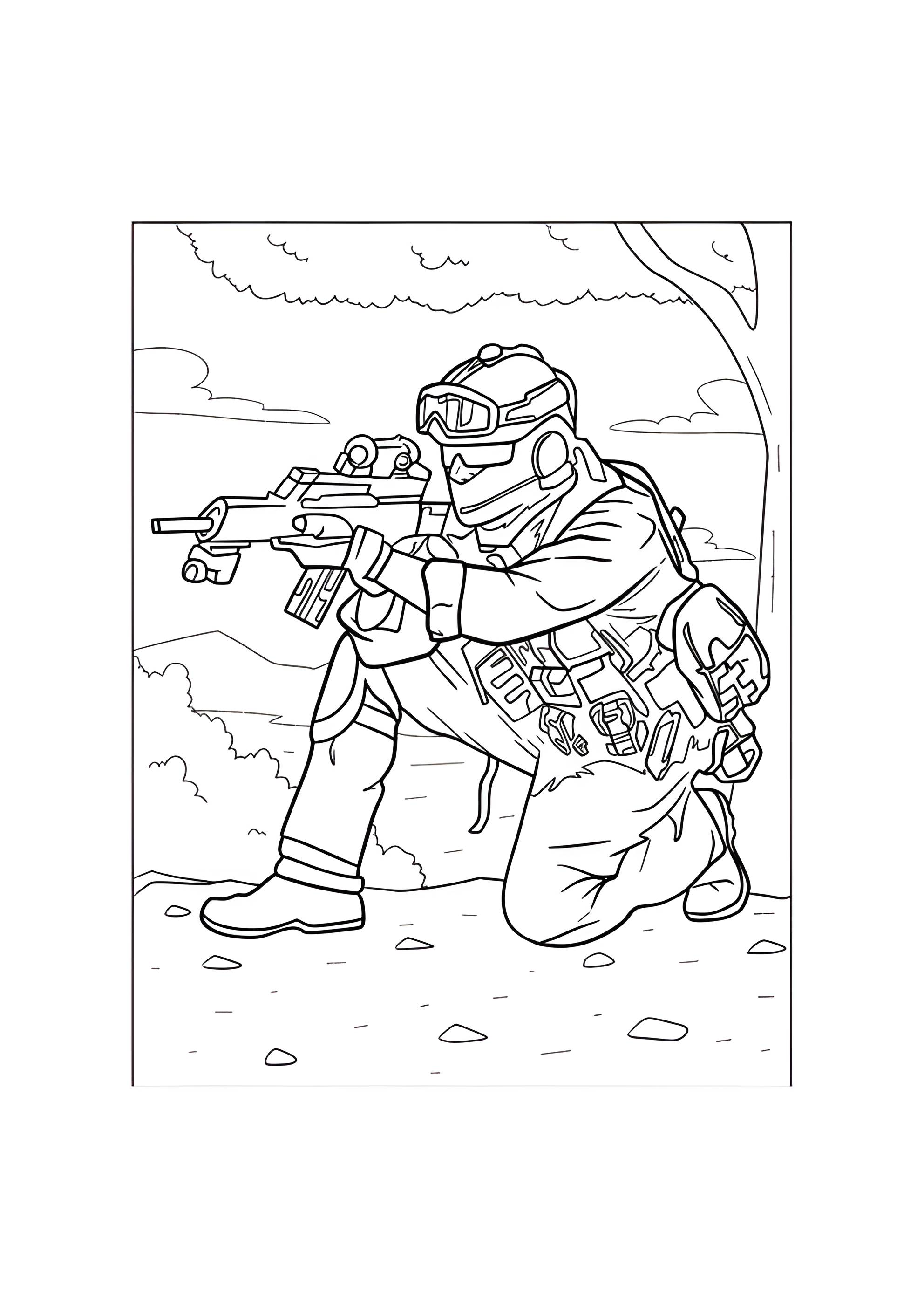 Раскраска Солдат спецназа с автоматом