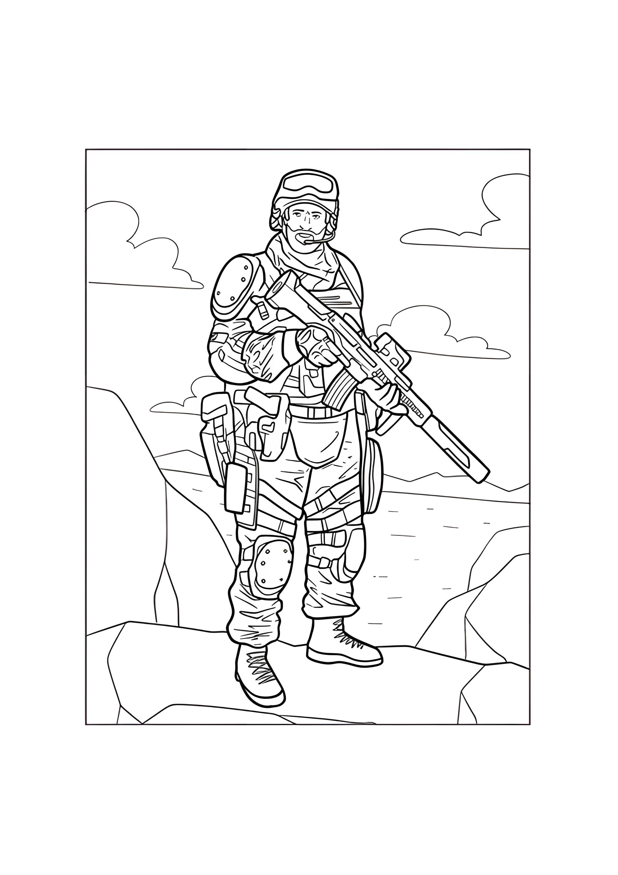 Раскраска Солдат в боевой амуниции с оружием