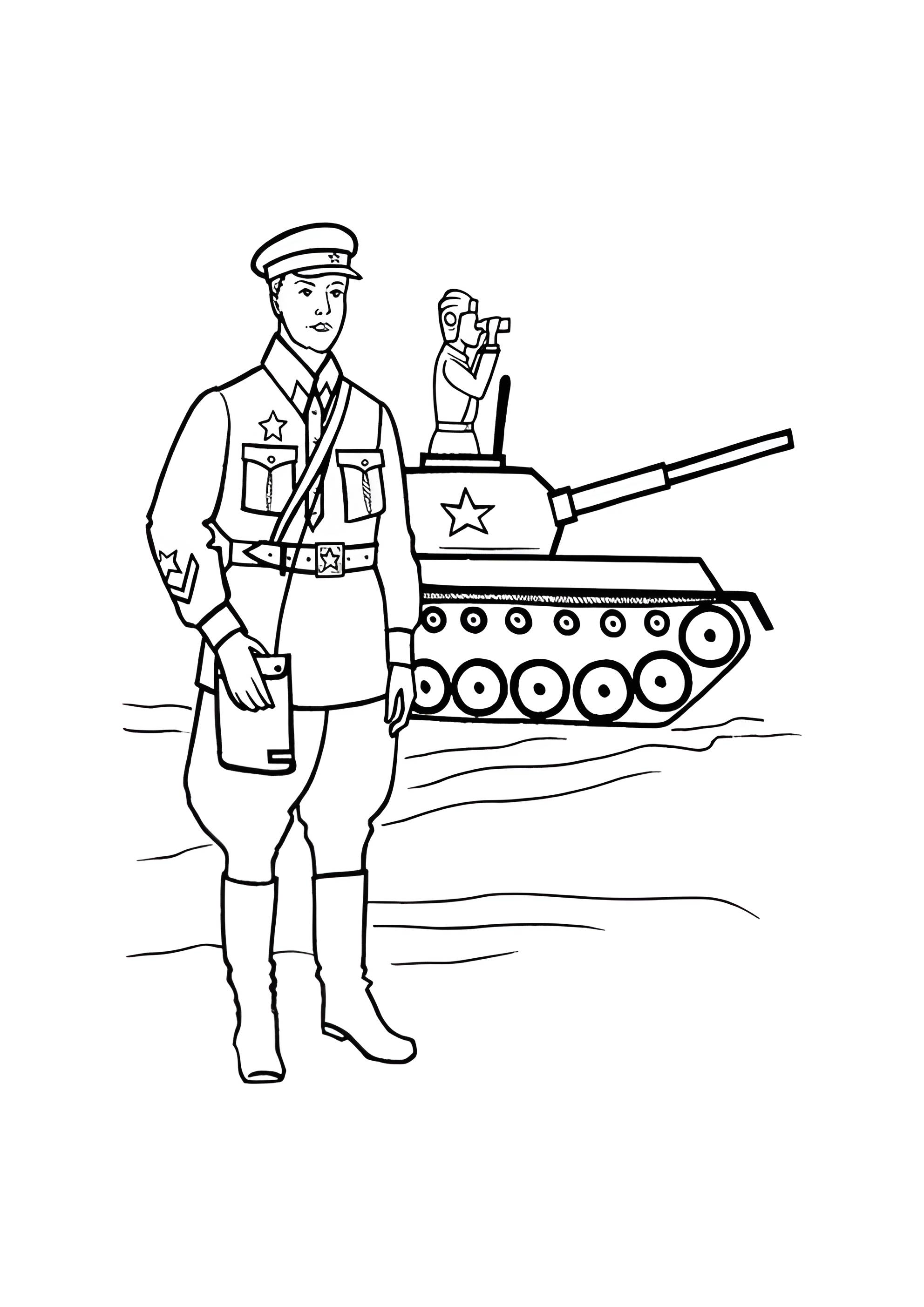 Раскраска Советский солдат возле танка