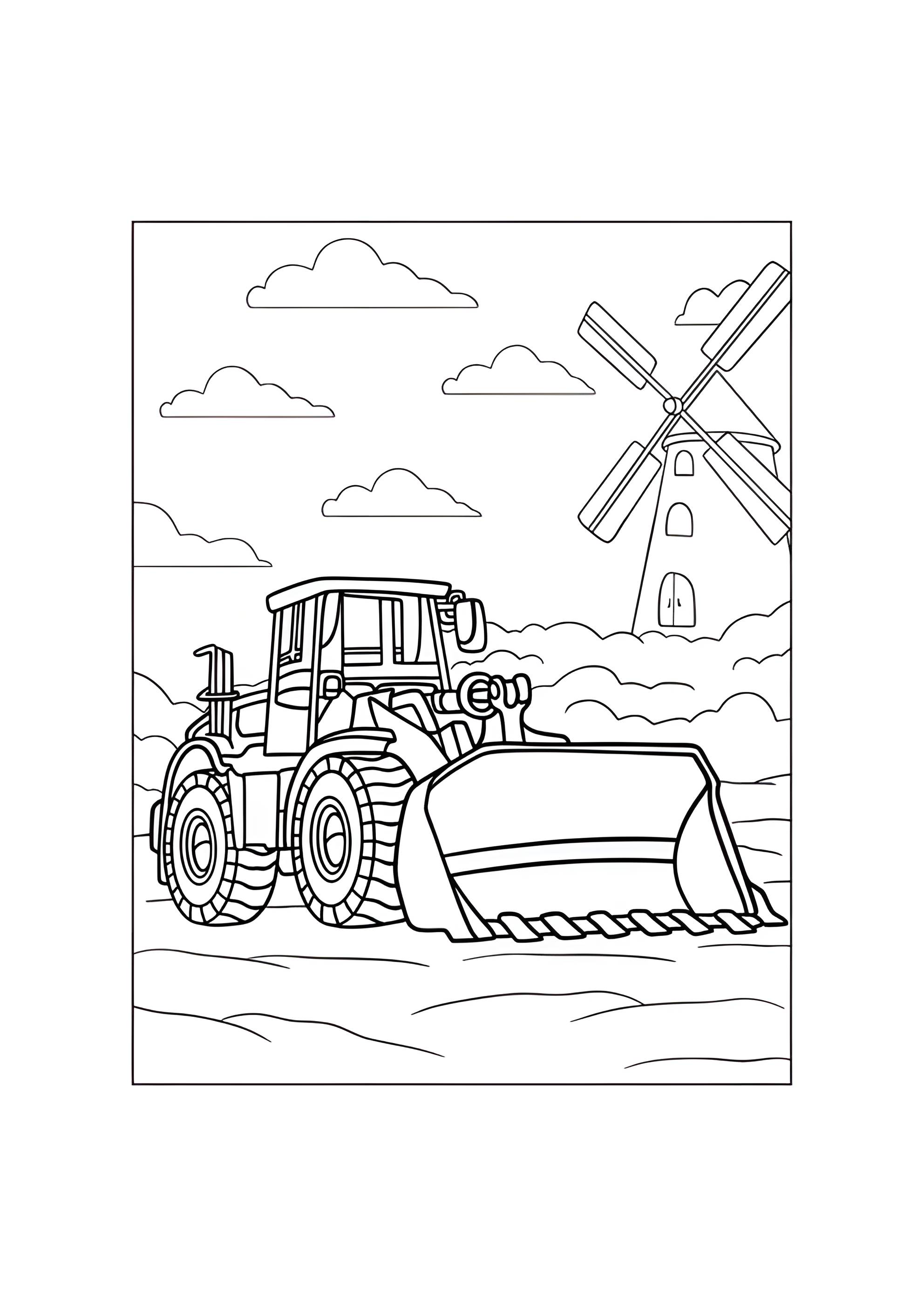 Раскраска Экскаватор возле мельницы