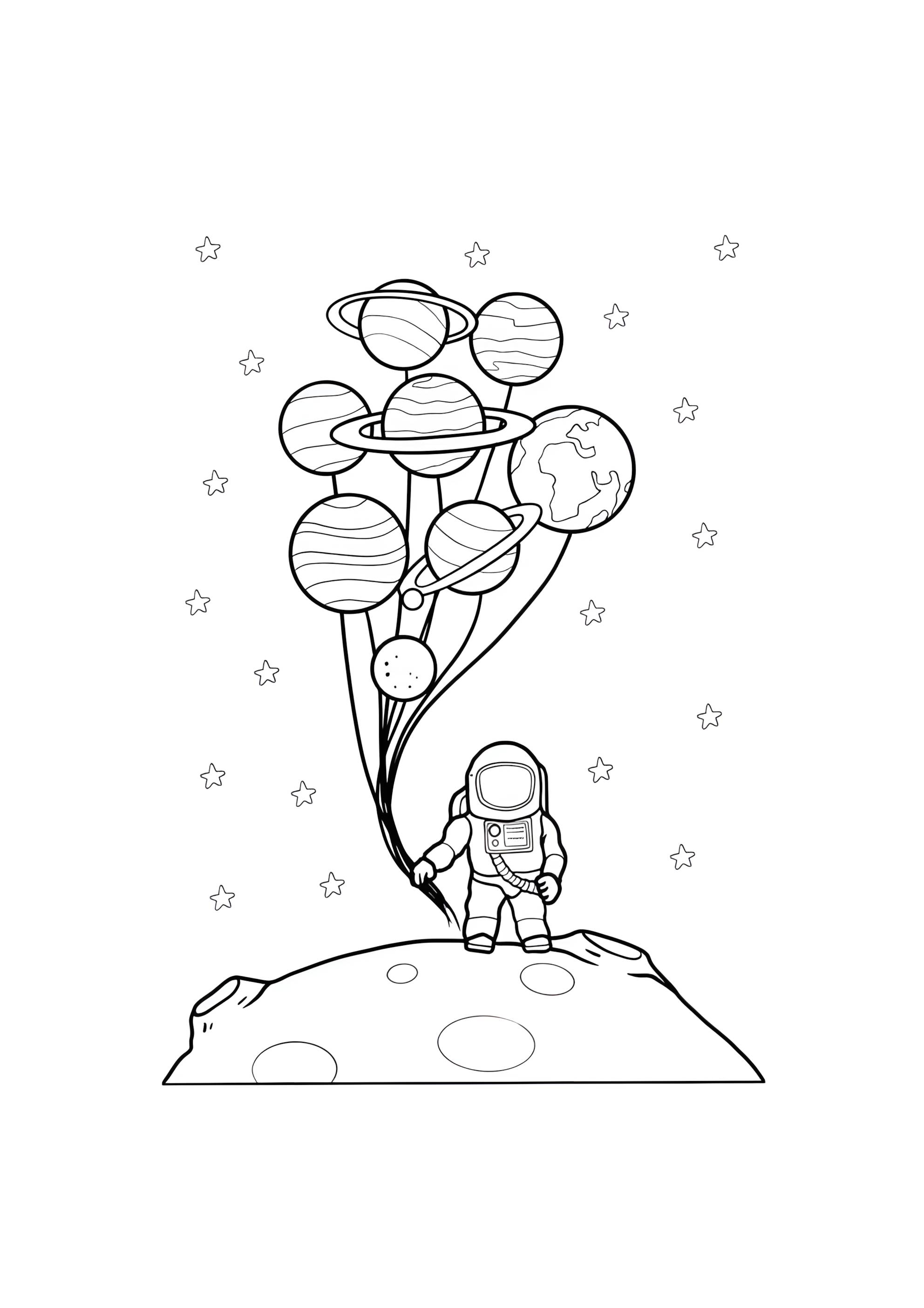 Раскраска Космонавт в шарами-планетами