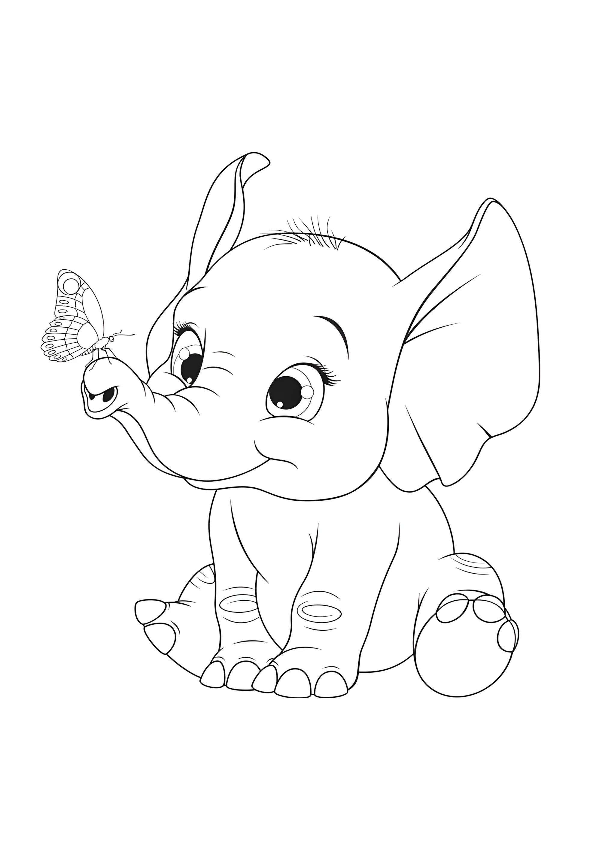 Раскраска Красивый слоненок с бабочкой