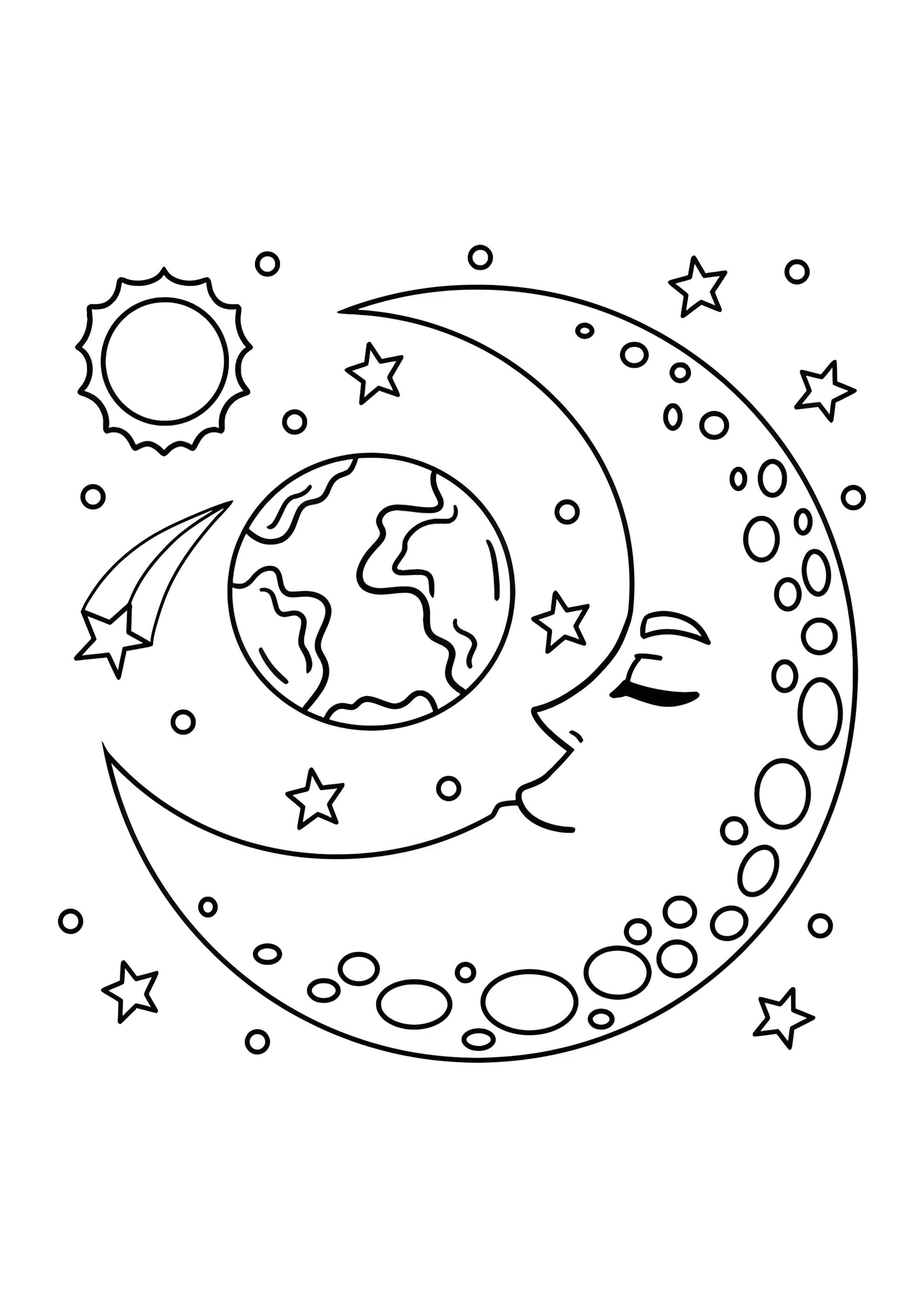 Раскраска Луна растущая и планеты