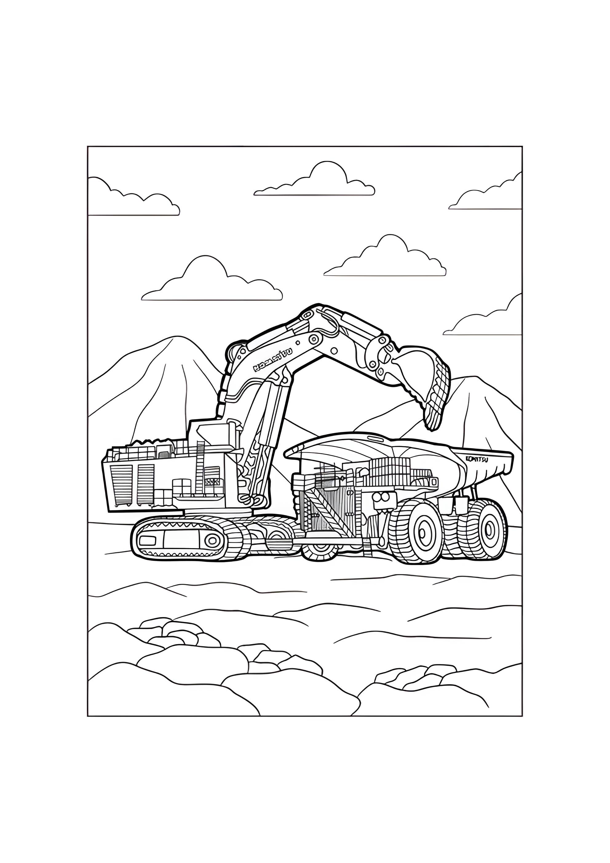 Раскраска Огромный экскаватор и самосвал