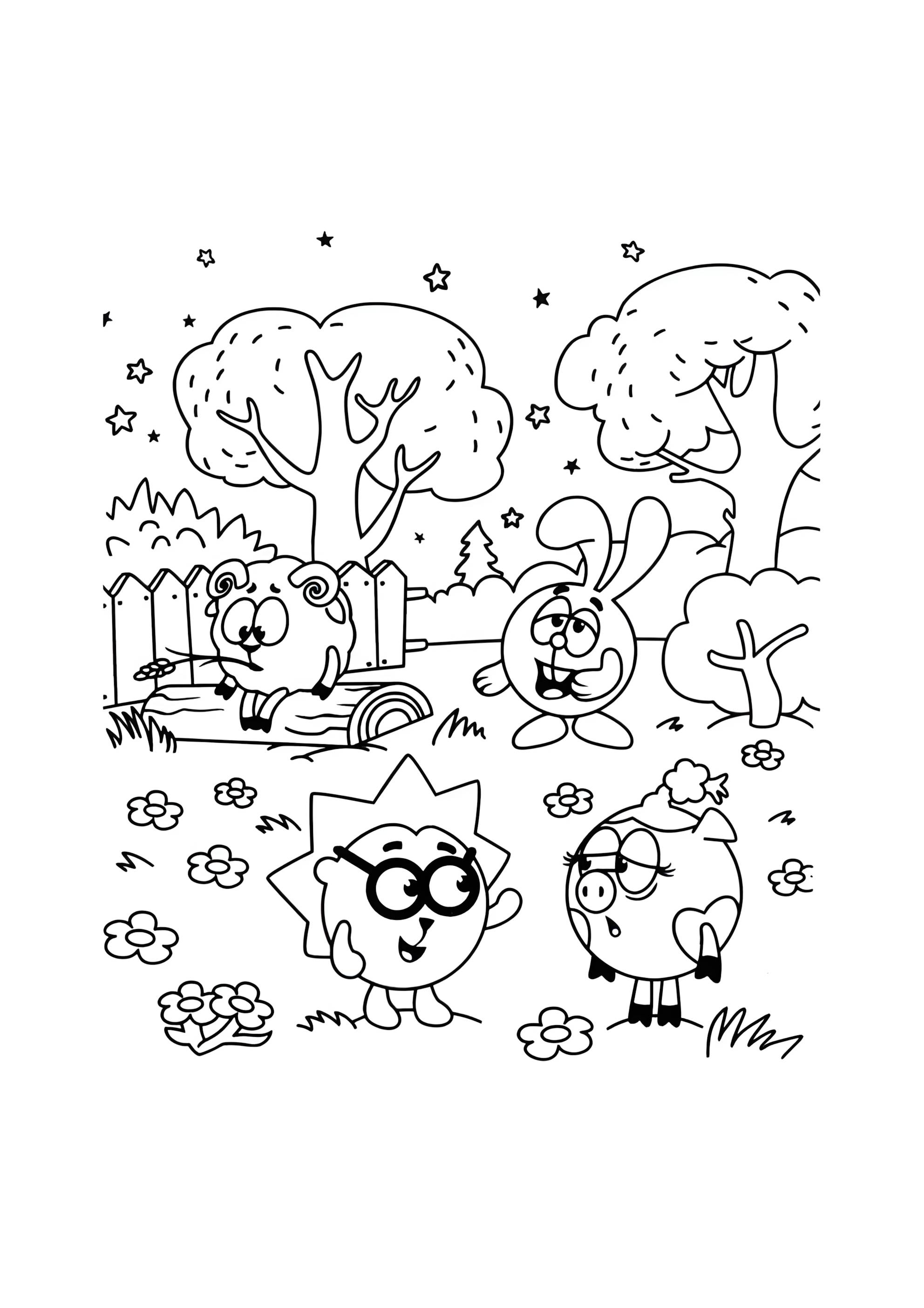 Раскраска Смешарики гуляют