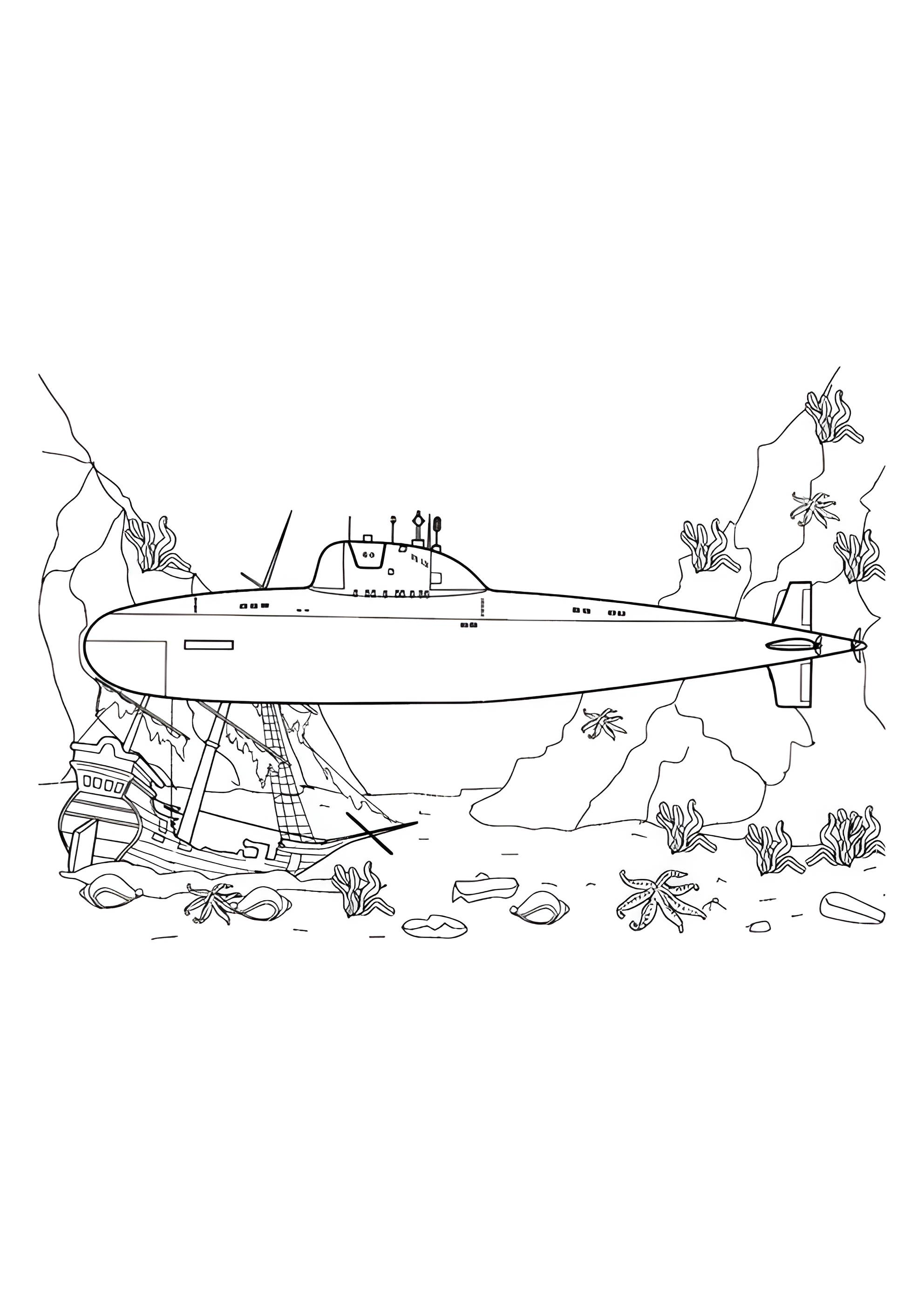 Раскраска Атомная подводная лодка возле морского дна