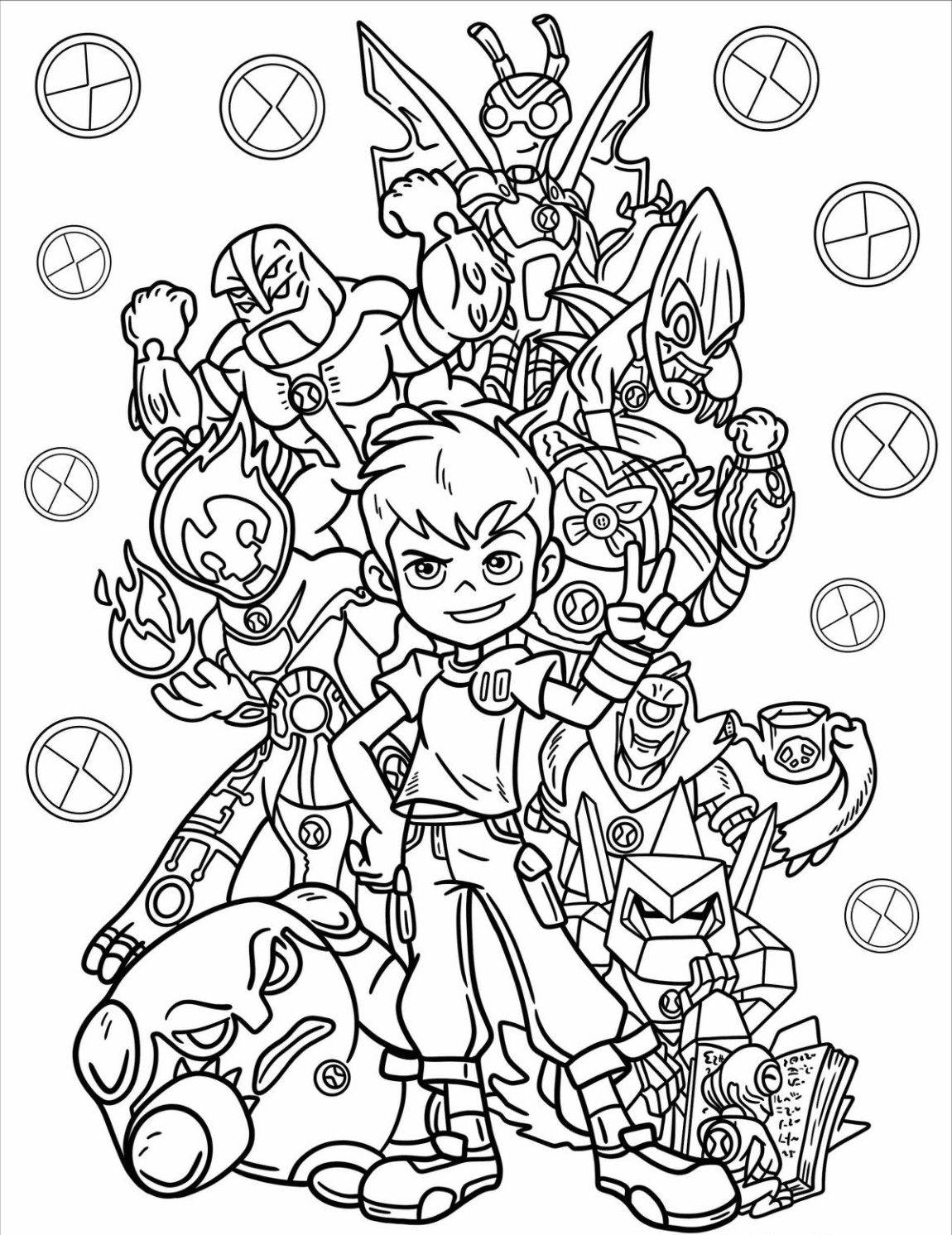 Раскраска Бен Тенниссон со всеми десятью пришельцами