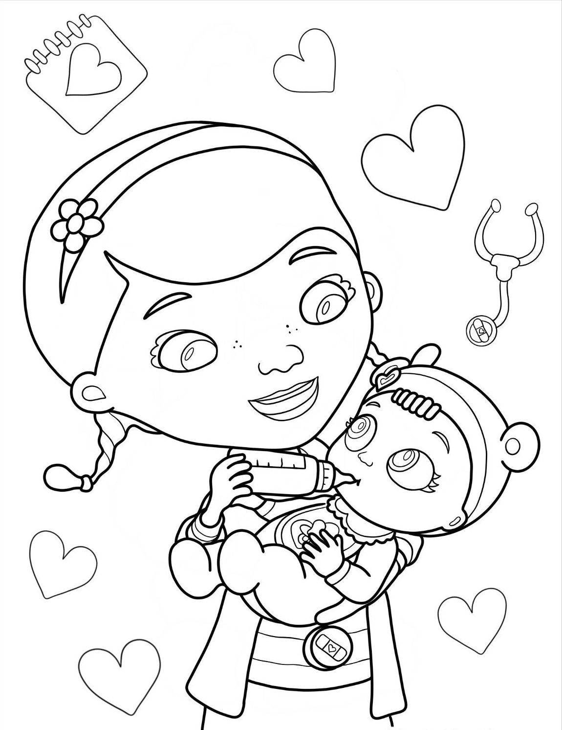 Раскраска Доктор Плюшева кормит Сиси МакСтаффингс