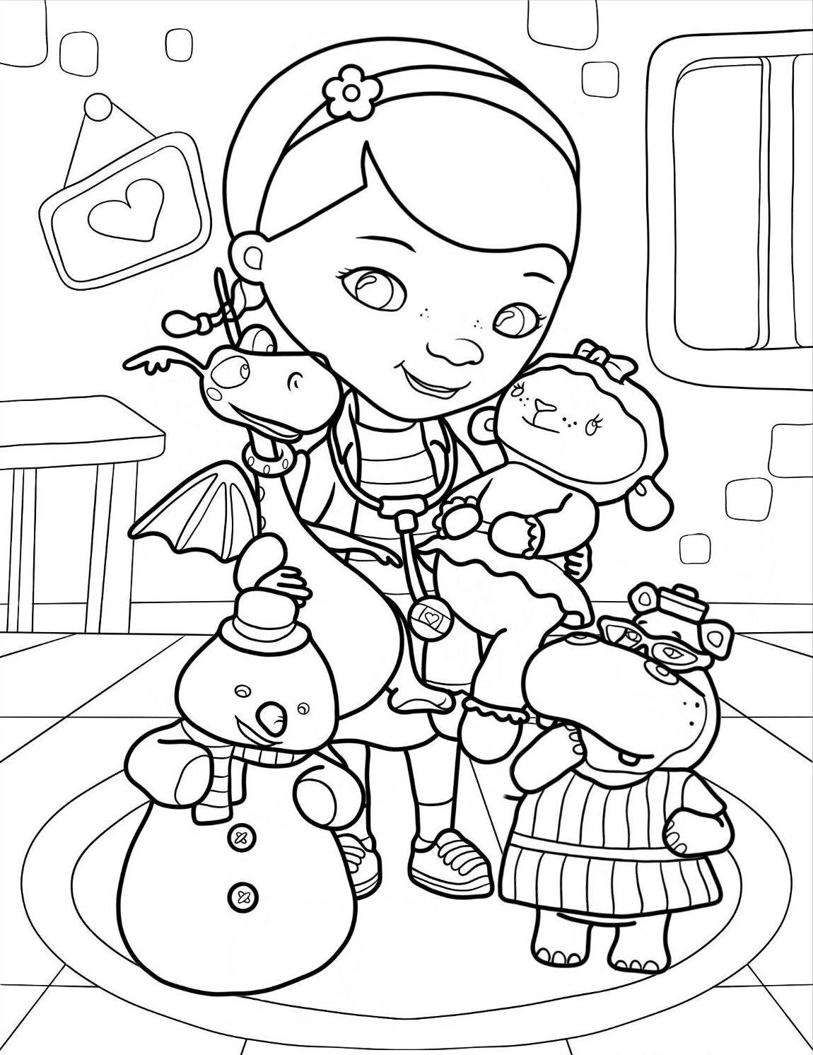 Раскраска Доктор Плюшева обнимает Стаффи, Лэмби, Чилли и Халли