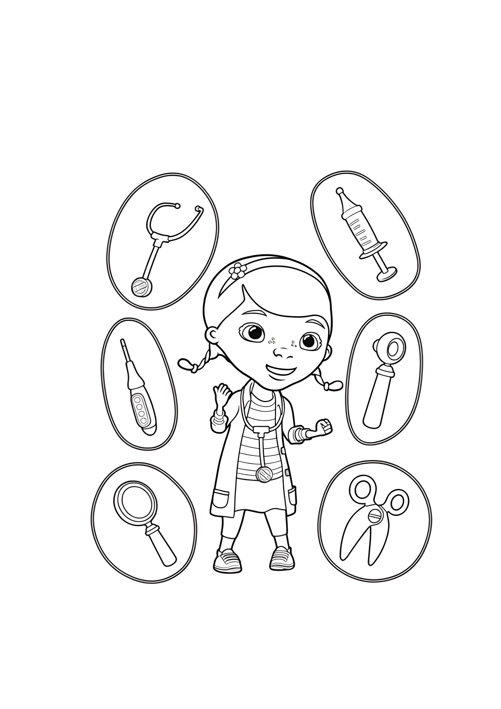 Раскраска Доктор Плюшева с инструментами