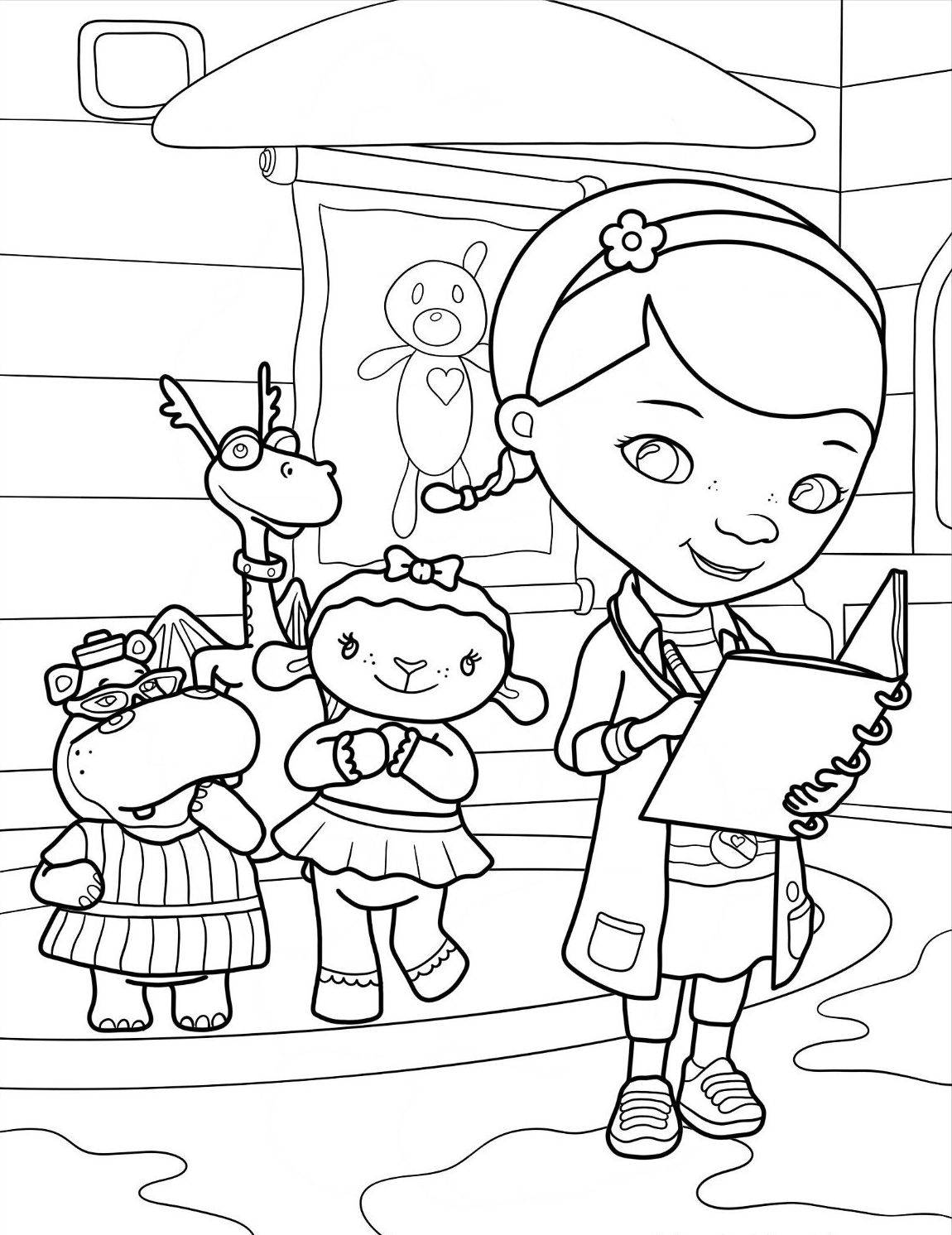 Раскраска Доктор Плюшева с Лэмби, Халли и Стаффи в больнице для игрушек