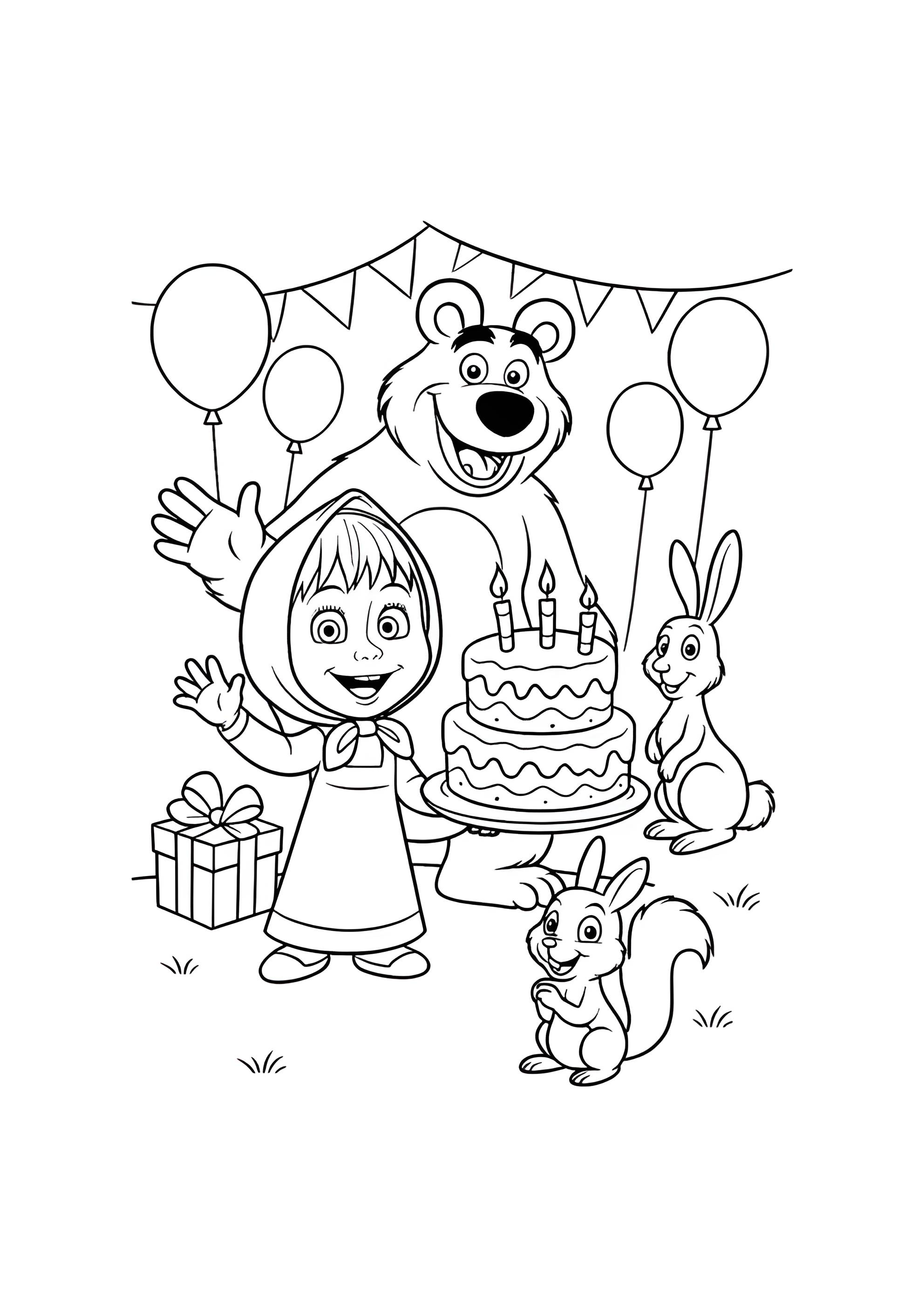 Раскраска Маша и Медведь на День рождения