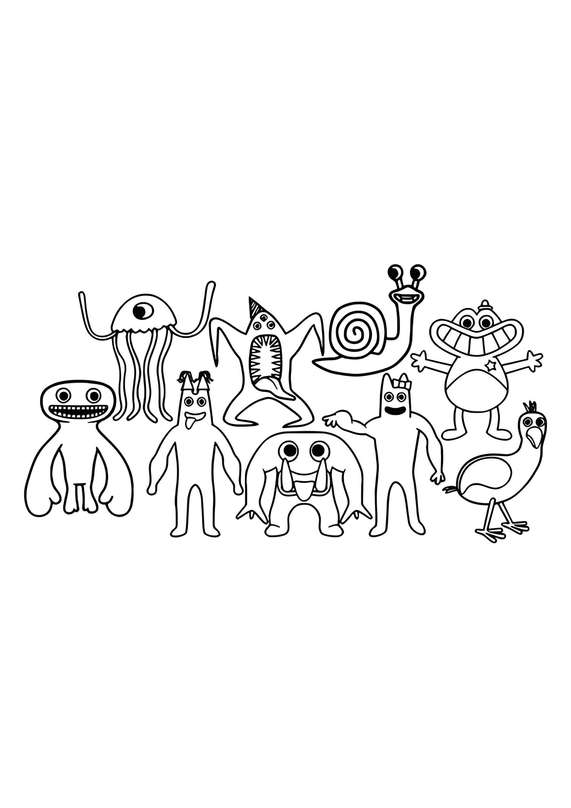 Раскраска Персонажи садика Банбан 2 и 3 вместе