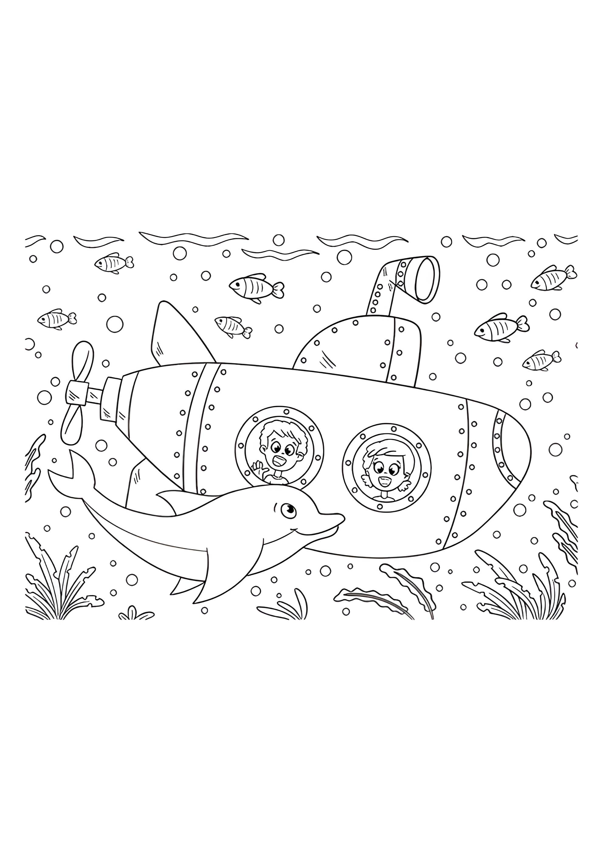 Раскраска Подводная лодка и дельфин