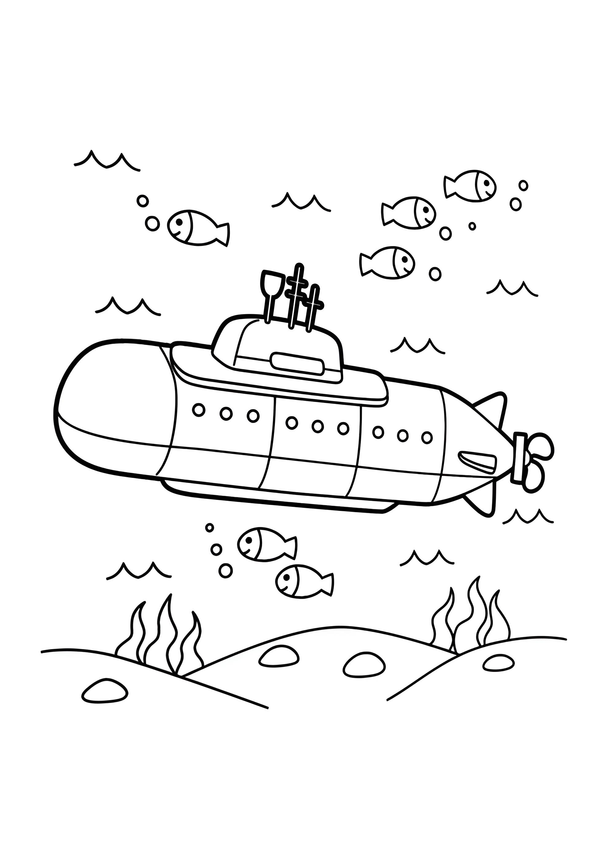 Раскраска Подводная лодка и рыбки