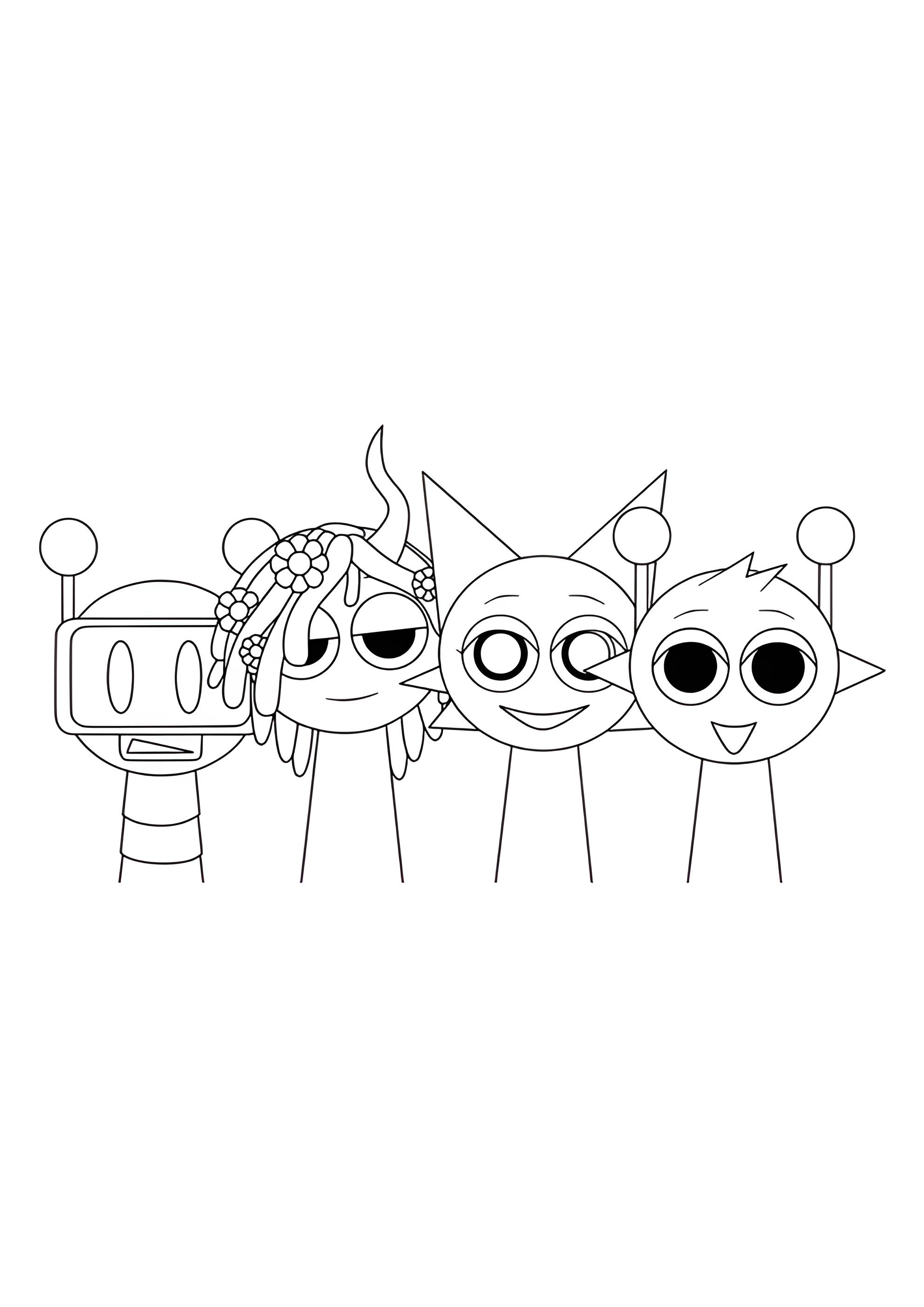 Раскраска Спрунки Весёлый Бот, Винерия, Венда и Саймон