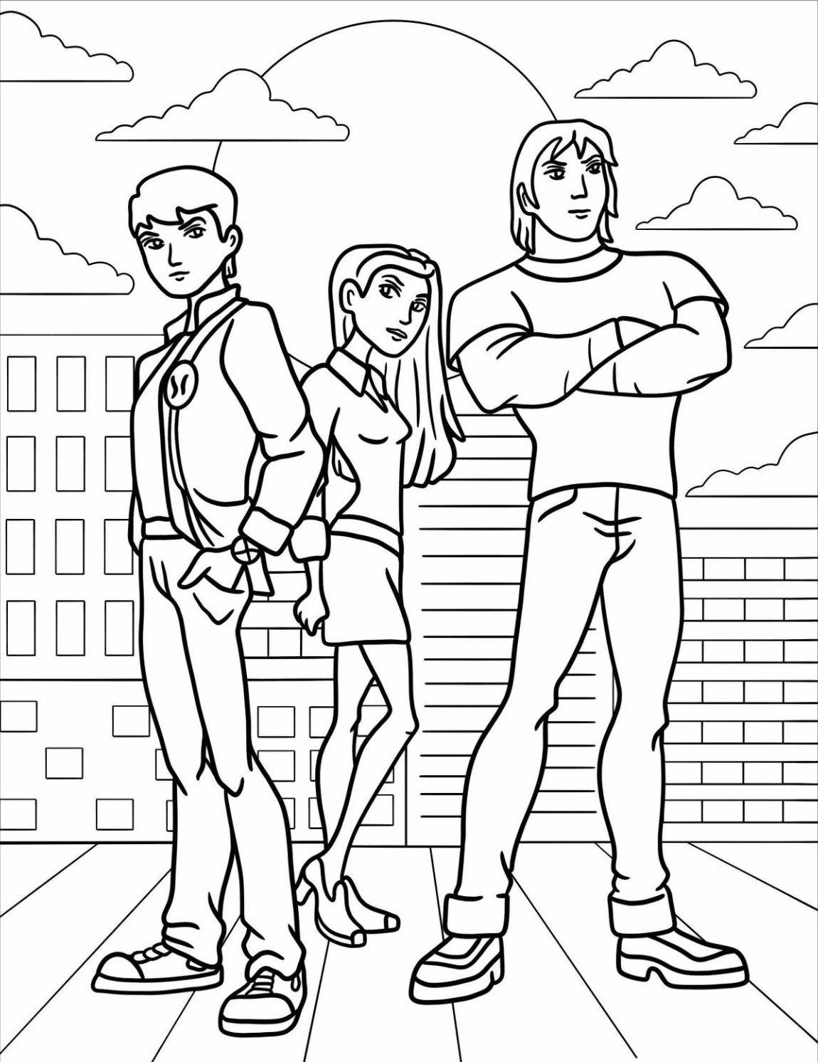 Раскраска Взрослый Бен Тенниссон с Гвен Тенниссон и Кевином Левином