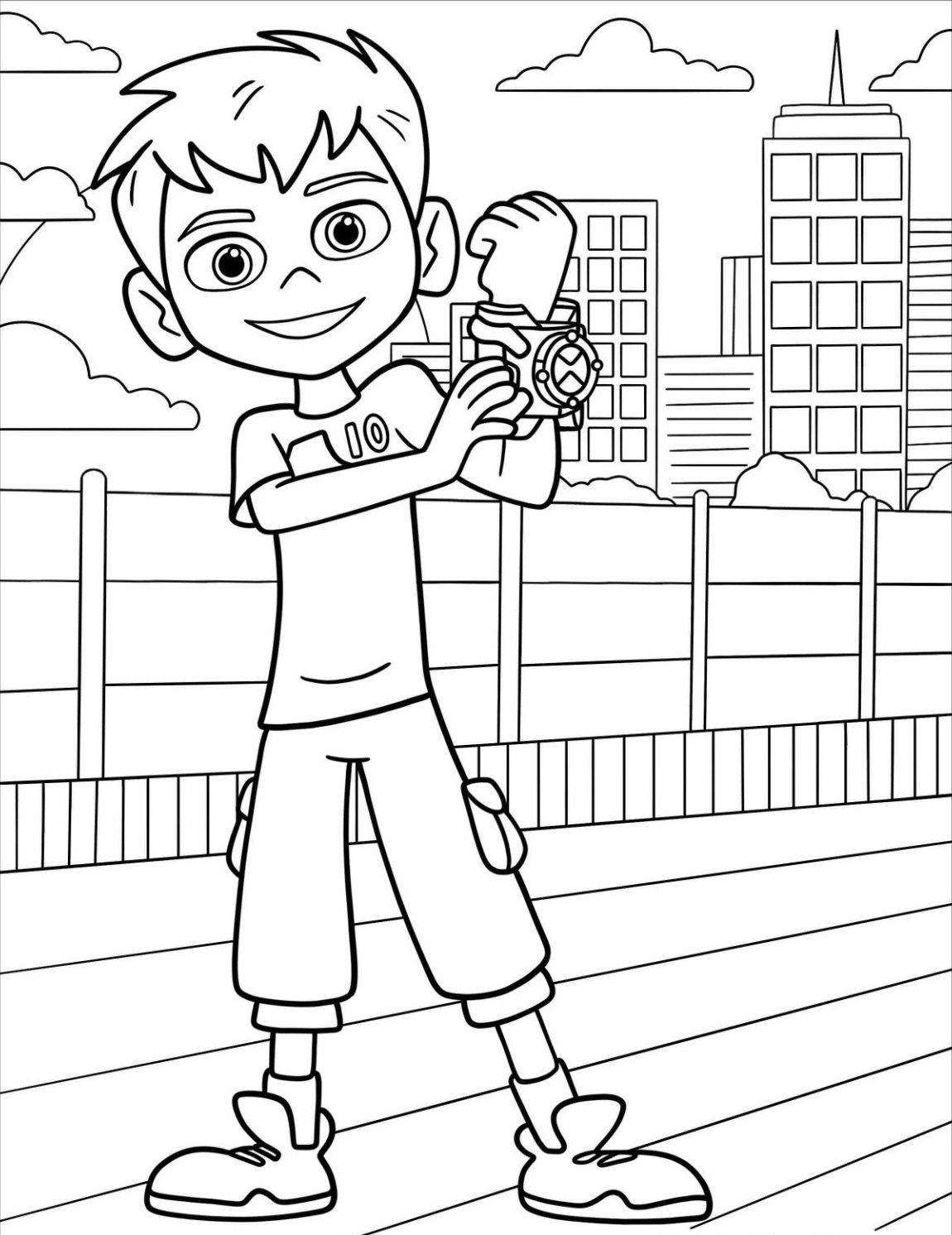 Раскраска Юный Бен Тенниссон держит Омнитрикс