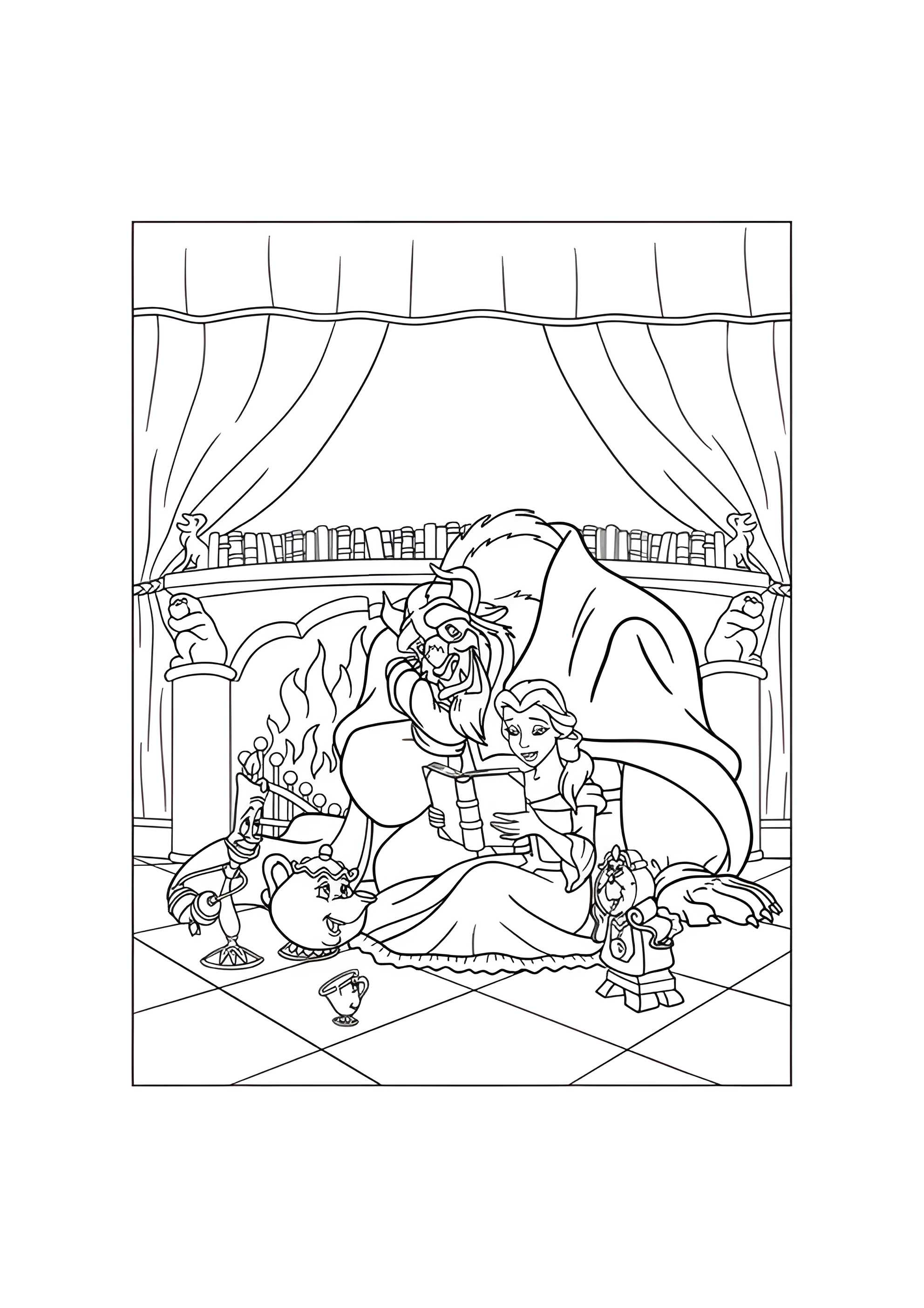 Раскраска Белль читает книгу