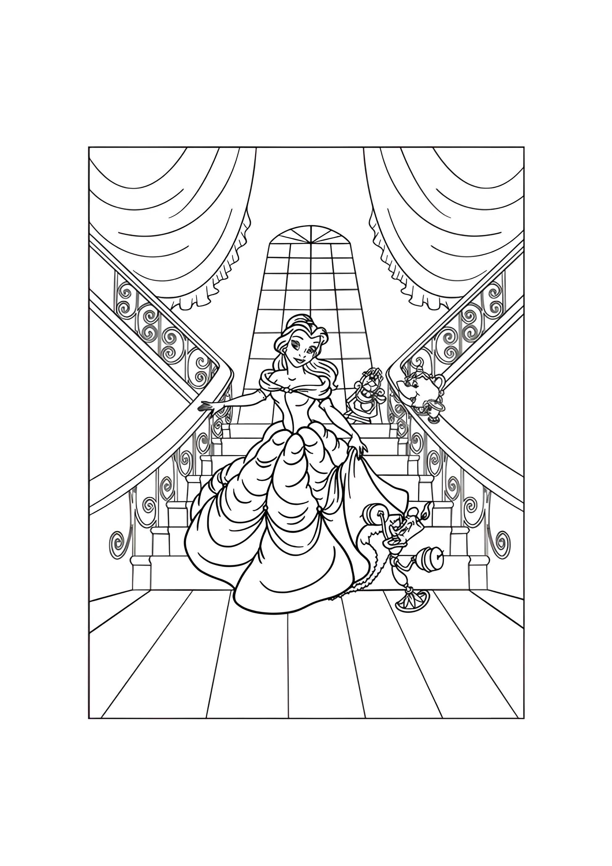 Раскраска Белль спускается с лестницы