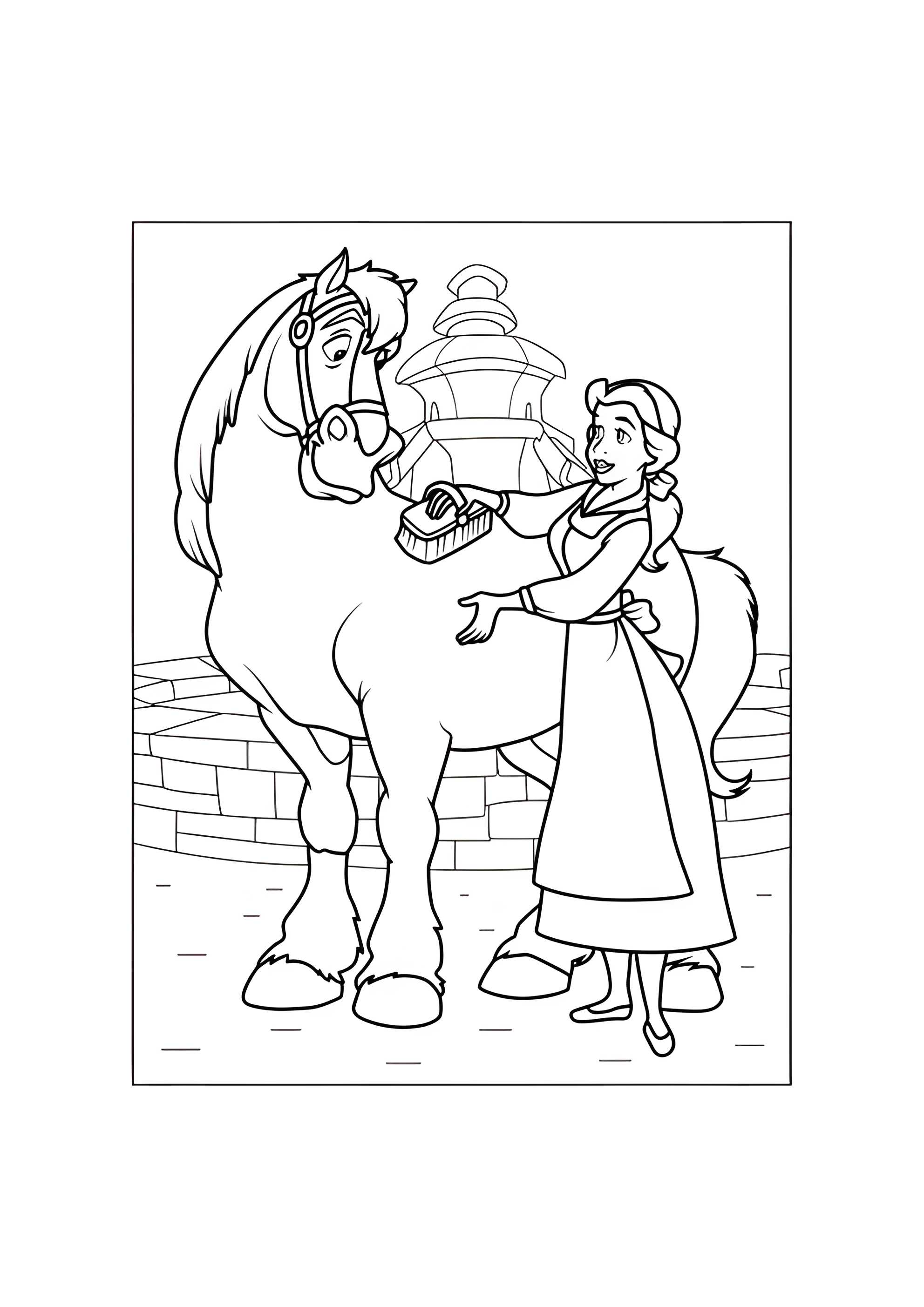 Раскраска Белль ухаживает за лошадью