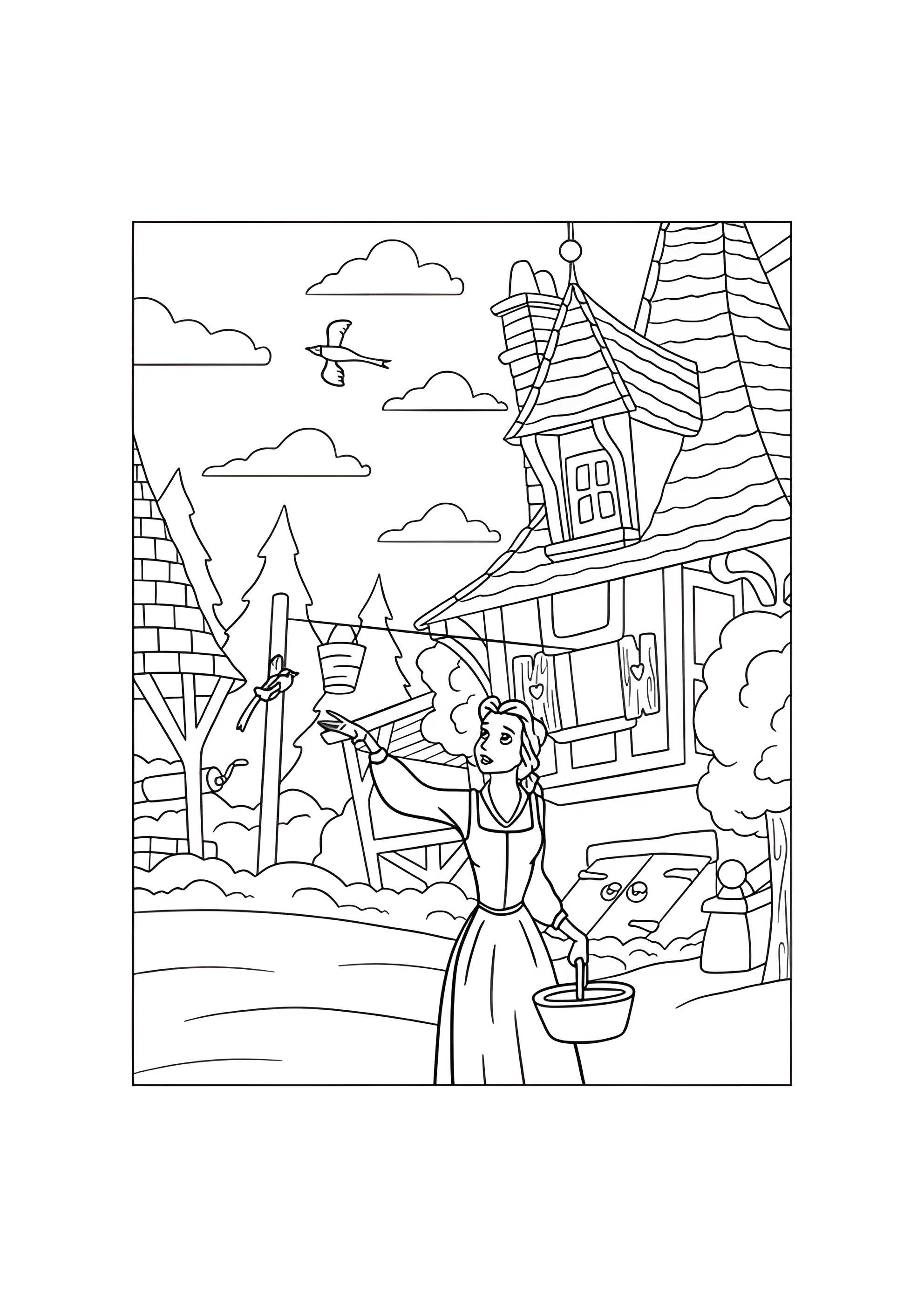 Раскраска Белль в деревне