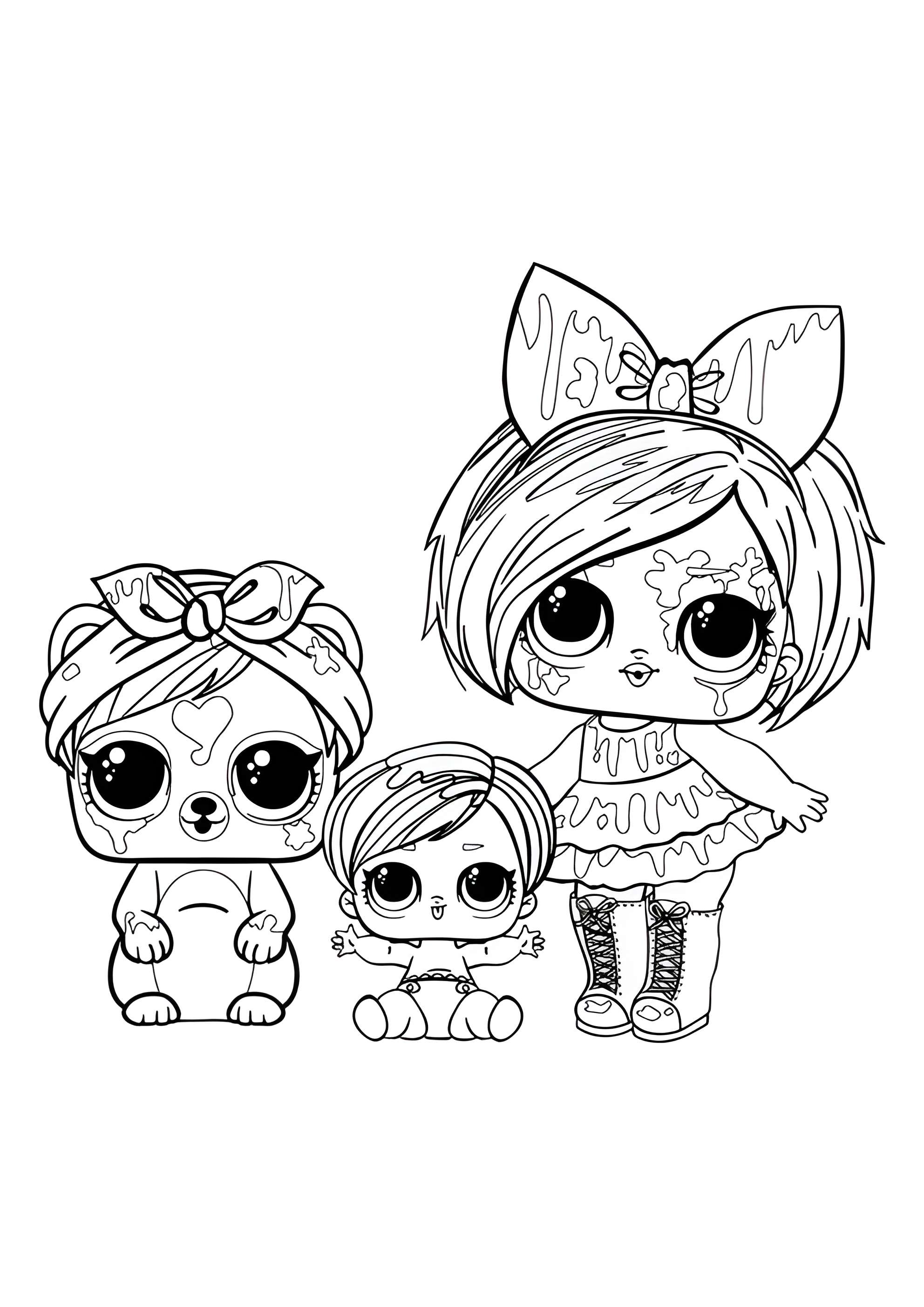 Раскраска Брызги ЛОЛ с питомцем и сестрой